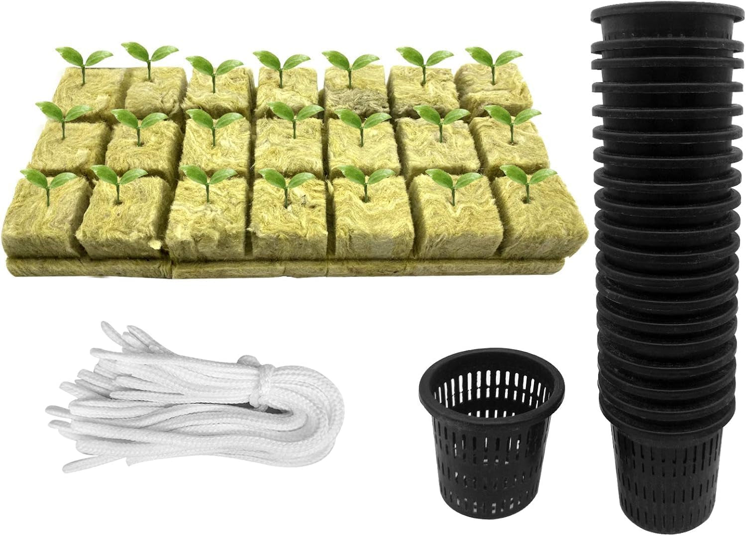 76 Stück Hydrokultur Pflanzen Net Kit -20 Stück 2inch(5cm)-Topfbecher mit geschlitztem Netz, 36Stück Steinwolle Anzucht, 20Stück Artikel Selbstbewässernde Dochtschnur aus Baumwolle für Hydrokultur