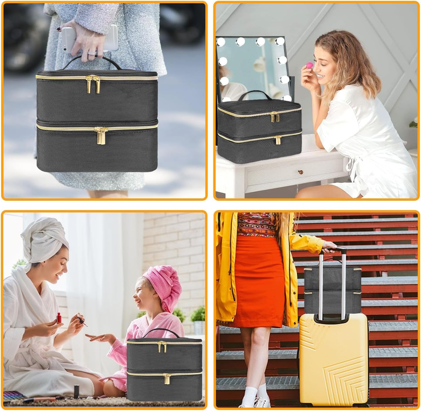 Nagellack Organizer Tasche, Doppelschicht Nagellack Aufbewahrung Box, Organizer Koffer Für Nageldesign Kosmetiktasche Für 30 Flaschen Neonail Base(15Ml-0.5 Fl.Oz) & 1 Nagellampe(Schwarz)