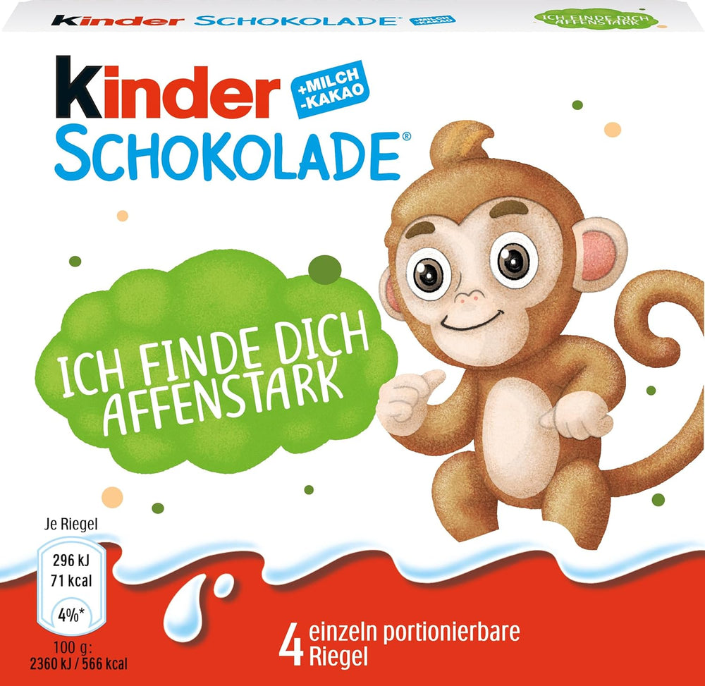 Kinderschokolade (20 x 50 g) – Valentinstagsgeschenk für Sie und Ihn, Karnevals- und Faschingssüßigkeiten – Gefüllte Milchschokoladentafeln – 20 Packungen mit je 4 einzelnen Tafeln