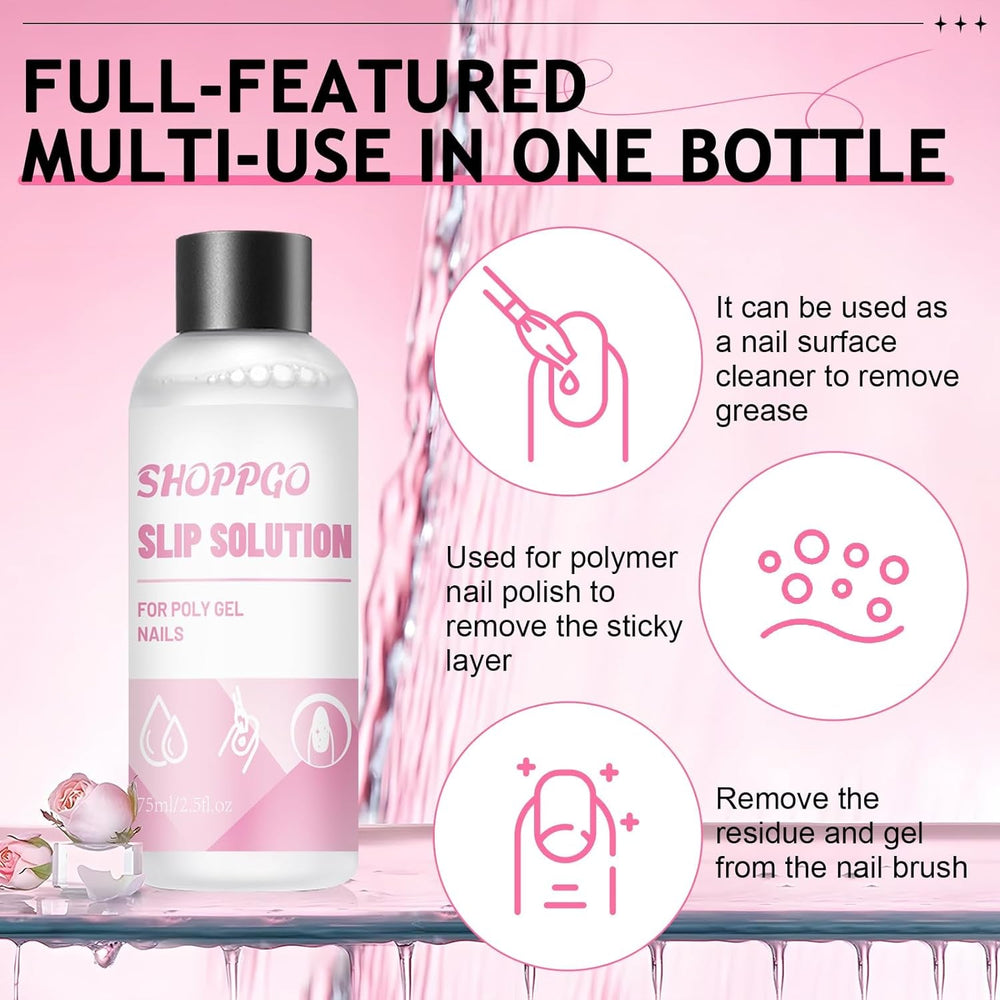 Soluție de unghii Polygel, Kit pentru unghii Poly Gel Slip Solution, Soluții lichide pentru unghii Polygel 75 ml, 5 cleme pentru vârfuri de unghii, 3 perii de unghii, 1 cupă de cristal, 100 foi de curățare
