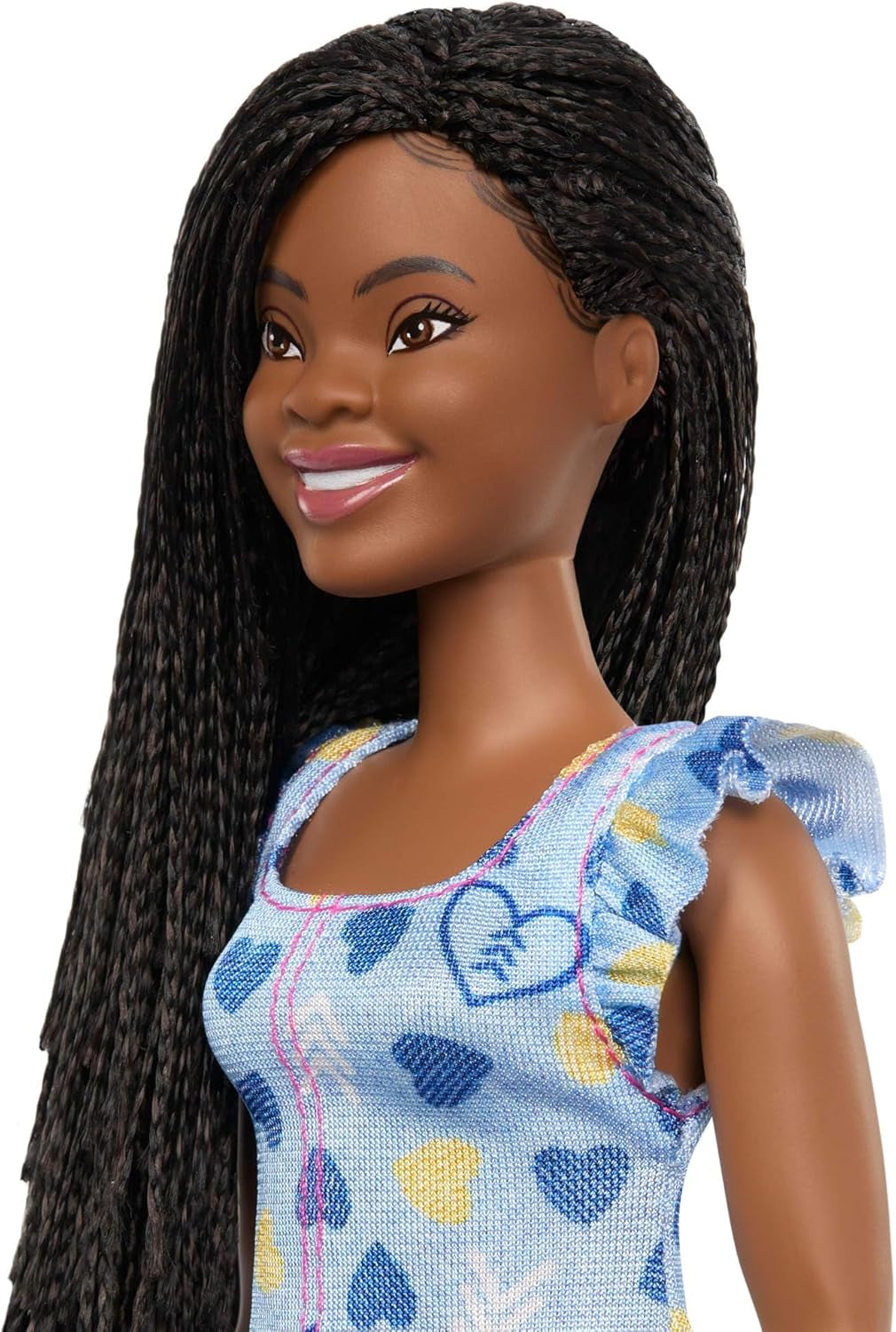 Păpușa Barbie Fashionistas nr. 229 cu sindrom Down, într-o rochie cu model de inimă, dezvoltată în colaborare cu Societatea Națională pentru Sindromul Down, HYK14