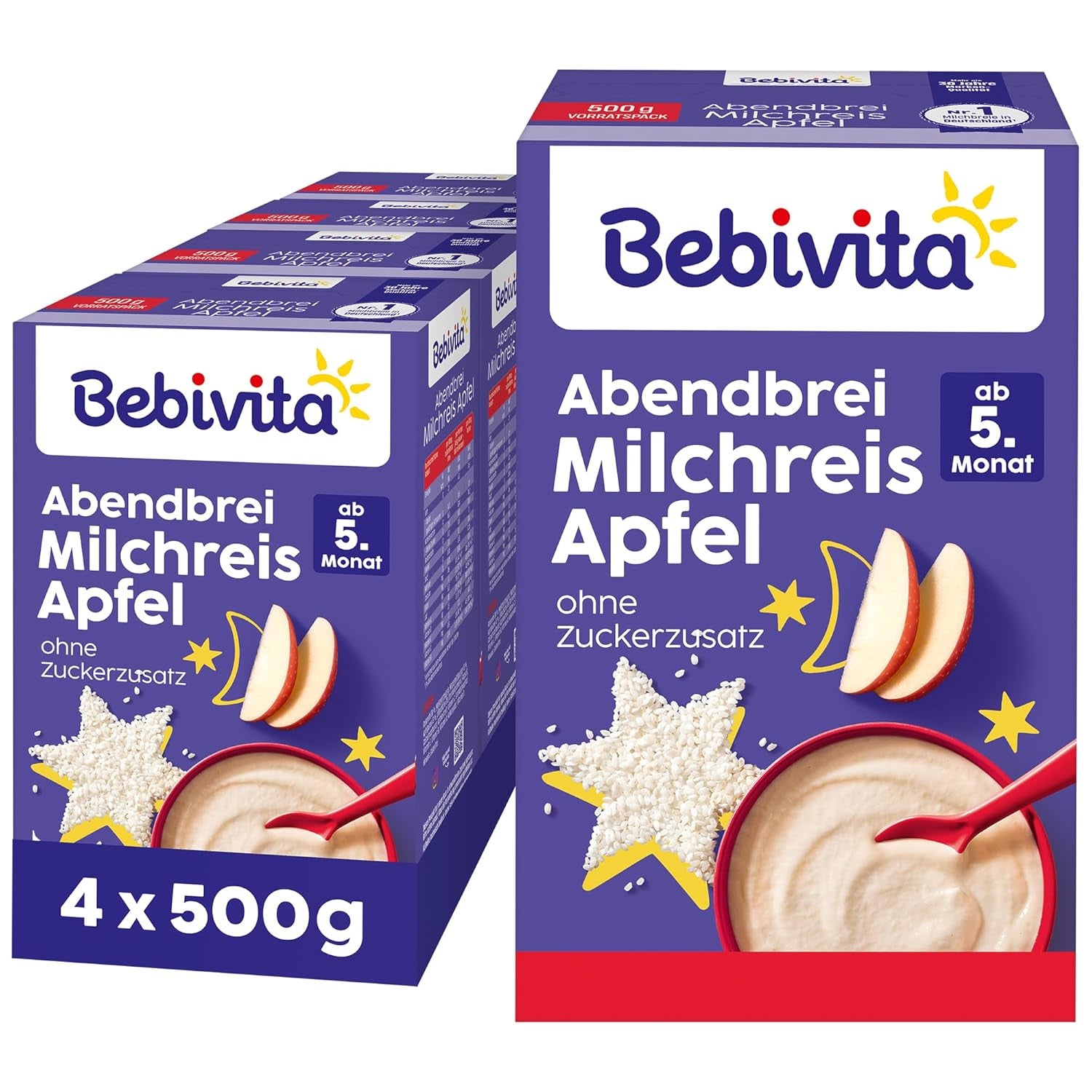 Milchreis mit Äpfeln und Abendbrei (4x500g), Milchbrei ab 5 Monaten, mit wertvollen Mineralien und Vitaminen, ohne Zuckerzusatz, sehr sättigend