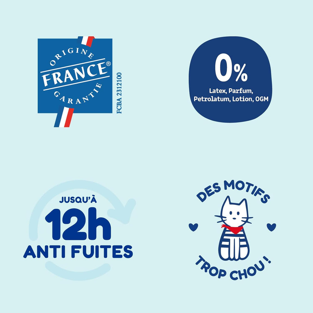 - Windeln, Größe 3 (4-9 kg) – gesund und sehr saugfähig – 12 Stunden auslaufsicher – keine unerwünschten Substanzen – hergestellt in Frankreich – erschwinglicher Preis – 150 Wegwerfwindeln