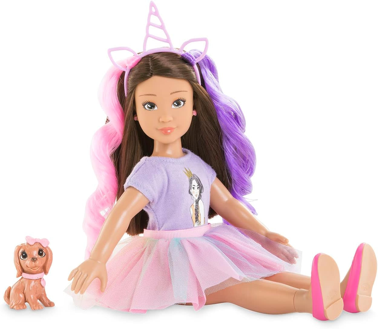 Corolle 9000600030 - Girls Luna Einhorn Set, Knöchelpuppe im Sommeroutfit mit Hund, mit Haarband, Ohrringen und extra Gummistiefel, 28cm Spielpuppe mit Vanilleduft, ab 4 Jahren