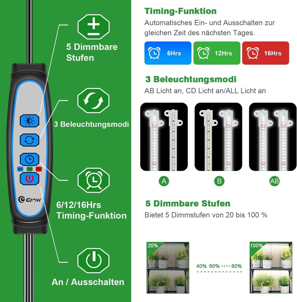 Lampă LED Wiaxulay cu spectru complet pentru plante, 6000K, lumini de creștere cu spectru complet pentru plante de interior cu temporizator de 6/12/16 ore, 5 niveluri reglabile pentru suculente hidroponice, raft pentru plante, 2 bucăți