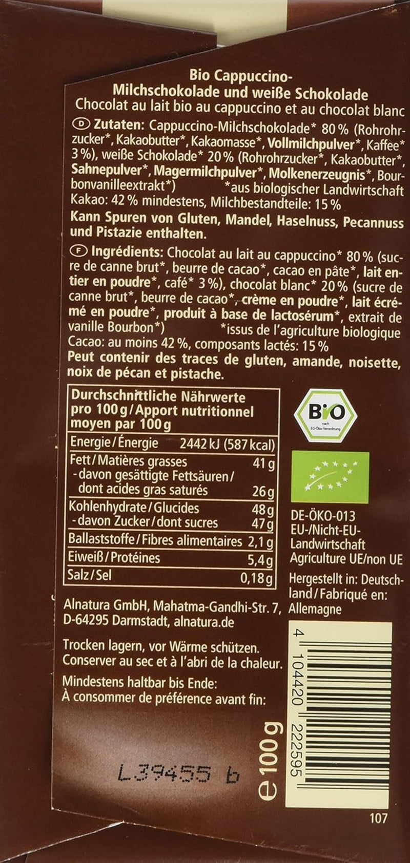 Bio-Schokolade gefüllt mit Cappuccino, 100g