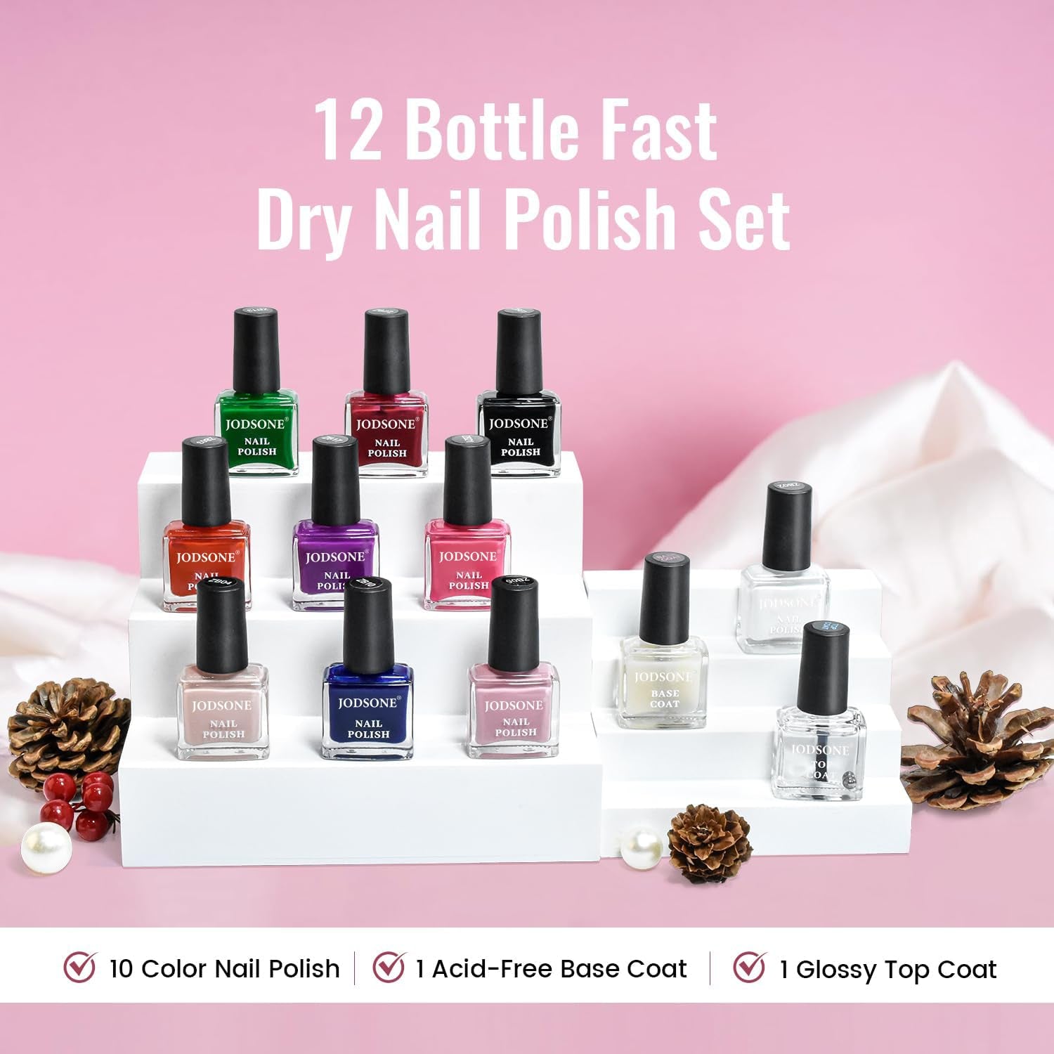 JODSONE 12-teiliges Nagellack-Set, 10 Farben, Kombination aus 2 Unterlacken und Überlack, schnell trocknender Nagellack für Amateure und Anfänger
