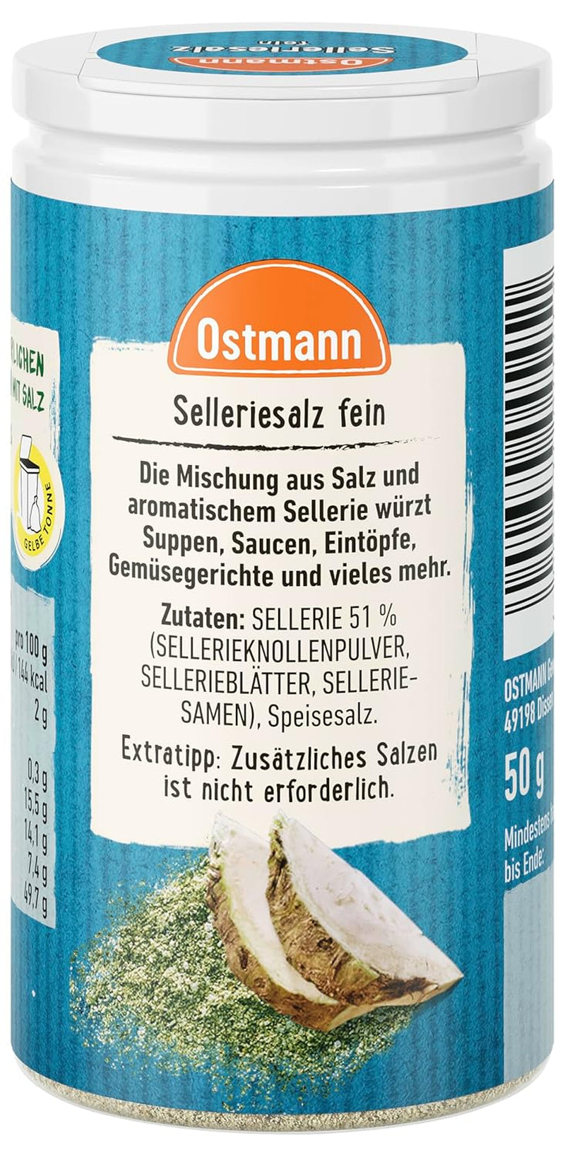 Ostmann Gewürze - Selleriesalz | Zum Verfeinern zährlicher herzhafter Gerichte | Recyclebare, nachfüllbare Streudose | 50 g in ein Sieb geben