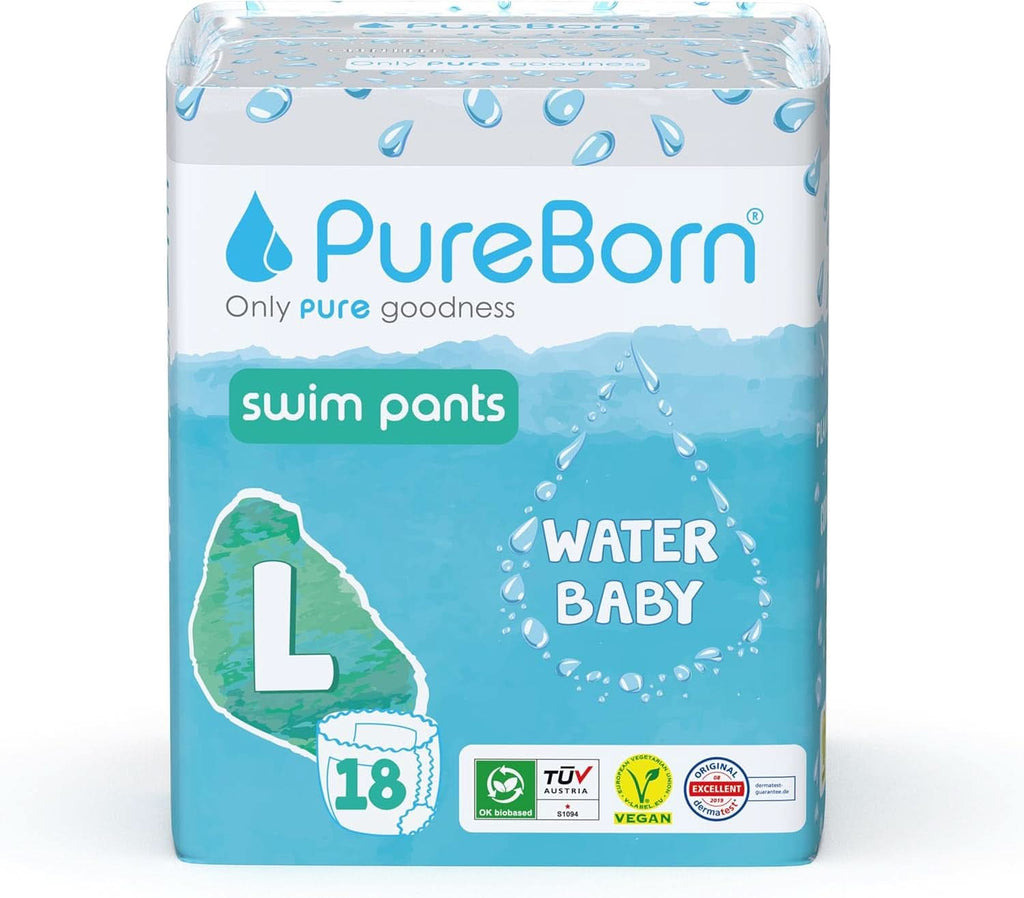 Scutece de inot Pureborn, pantaloni de baie pentru bebelusi pentru plaja si piscina, ultra moi, elastice Mama si Copilul Naty Shop 18 buc Marimea L (9-14 kg)