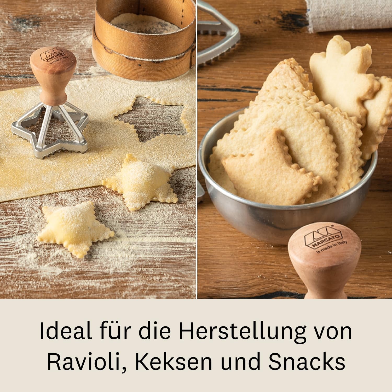 Set de forme pentru ravioli și biscuiți MARCATO, aparat de făcut ravioli, formă pentru biscuiți, lemn masiv și fontă, fabricat în Italia, formă de stea 65 mm + formă de floare 70 mm