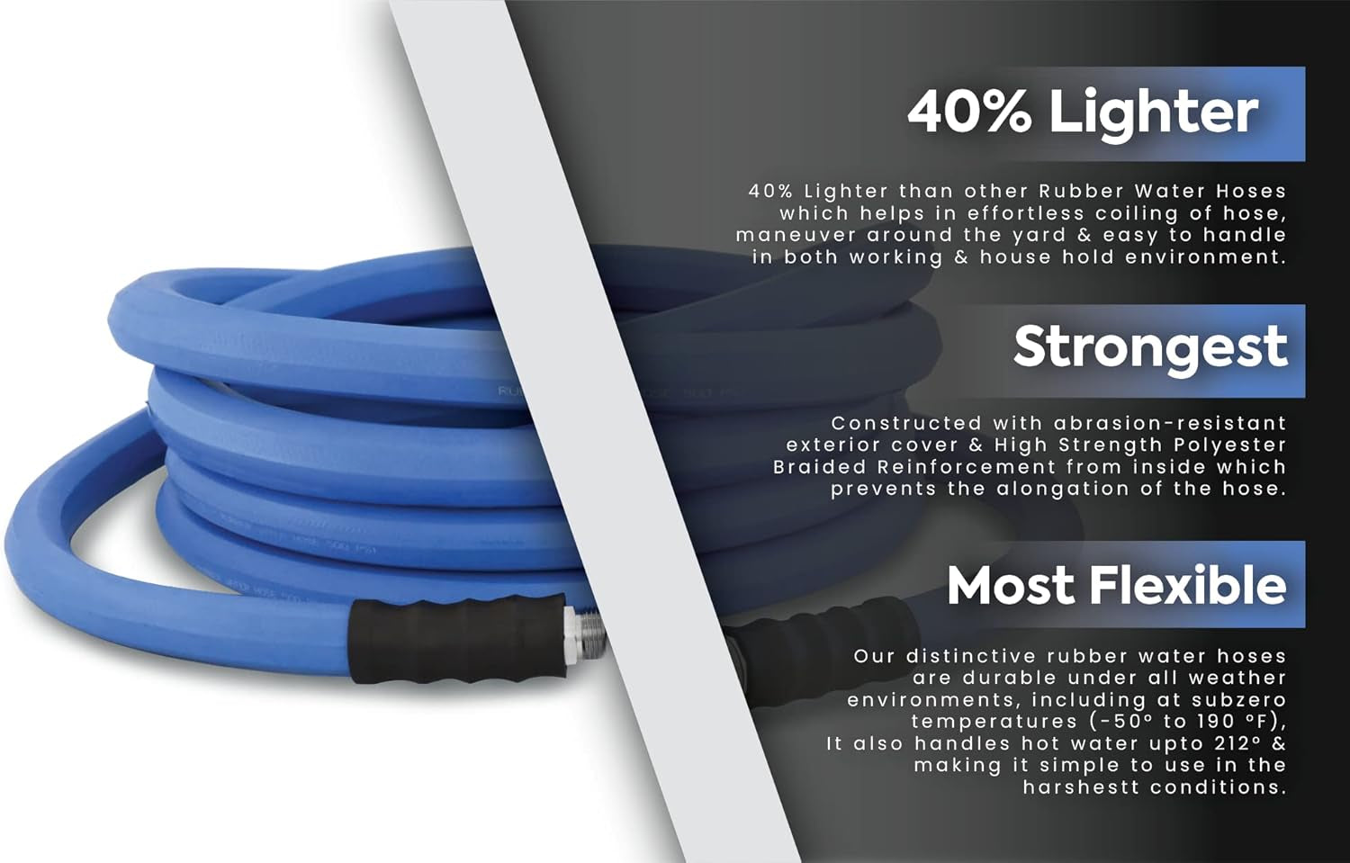 Furtun de grădină din cauciuc AG-Lite BSAL5810, pentru apă caldă și rece, ultra-ușor și super-rezistent, 1,6 cm x 3 m