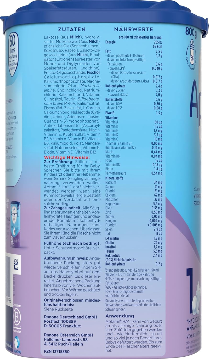Aptamil HA 1 - Säuglingsnahrung ab der Geburt, mit DHA, laktosefrei, palmölfrei, Babynahrung, Milchpulver, 1 x 800 g