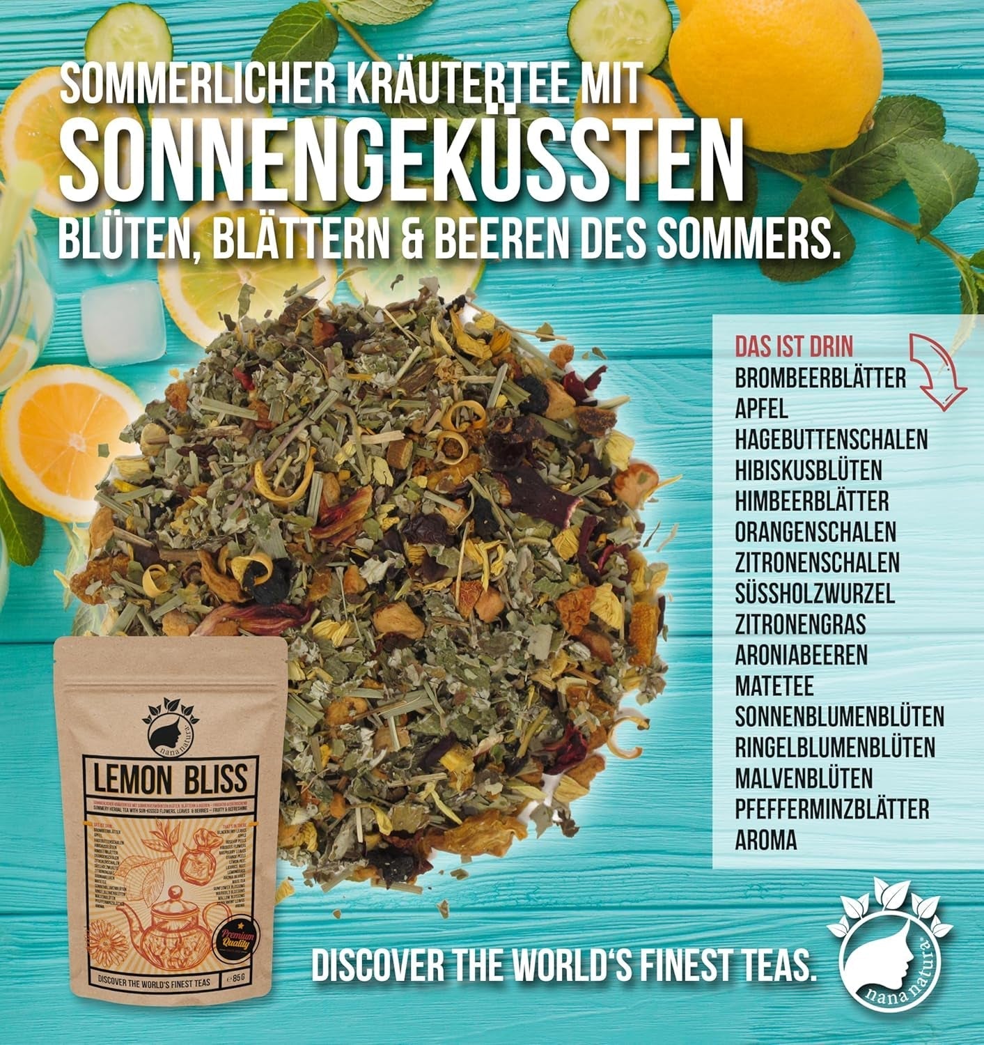 Nananatura'S Original LEMON BLISS TEA 85G | Ceai de plante de vară fructat și răcoritor | Ca ceai rece, ceai rece sau clasic fierbinte | Cu flori, frunze și fructe de pădure coapte la soare | Fără zahăr