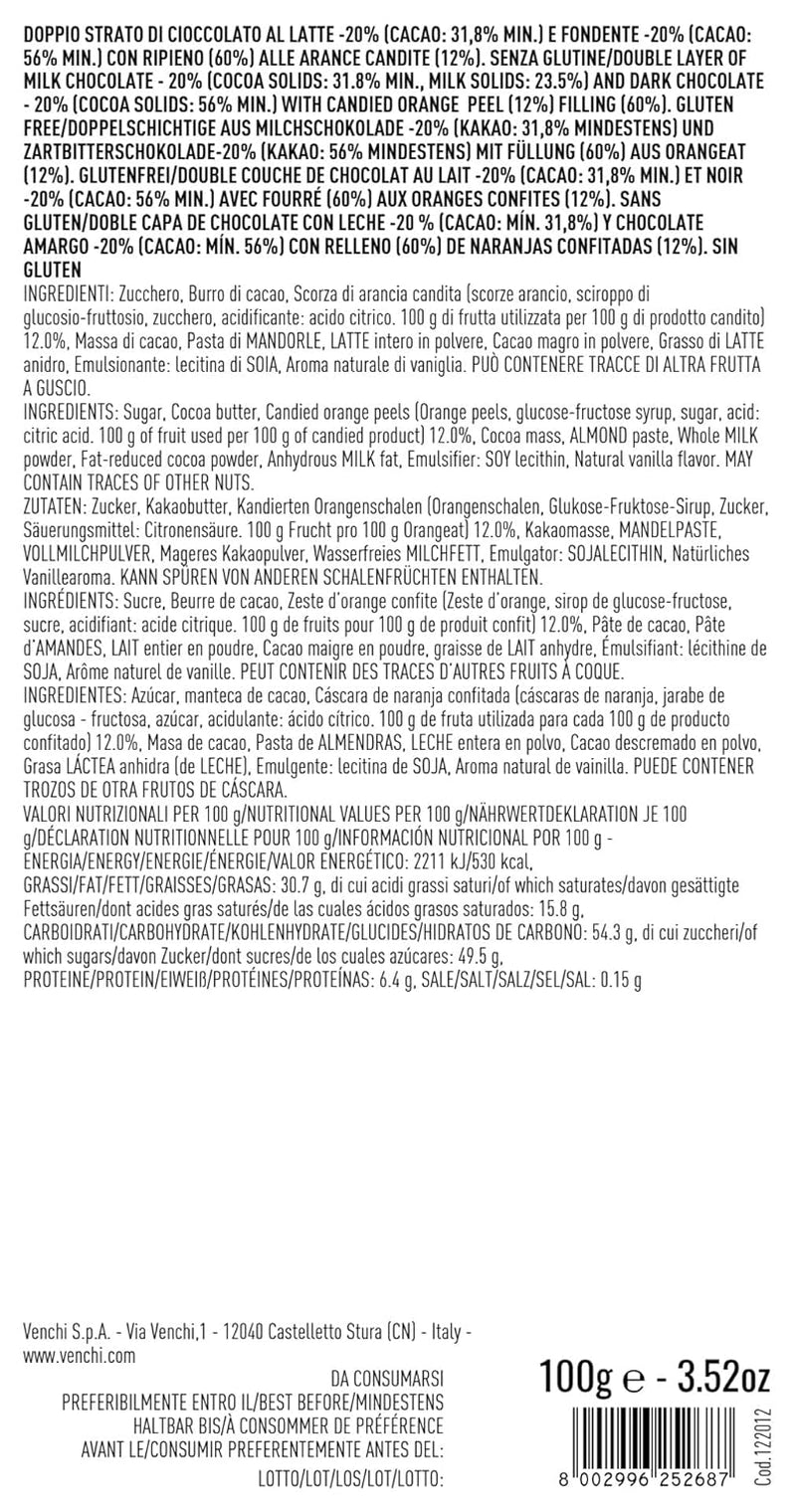 Venchi – Zigarre aus Milchschokolade und dunkler Schokolade 56 % mit kandierter sizilianischer Orangenschale, 100 g, glutenfrei, ohne Farbstoffe und ohne Konservierungsstoffe