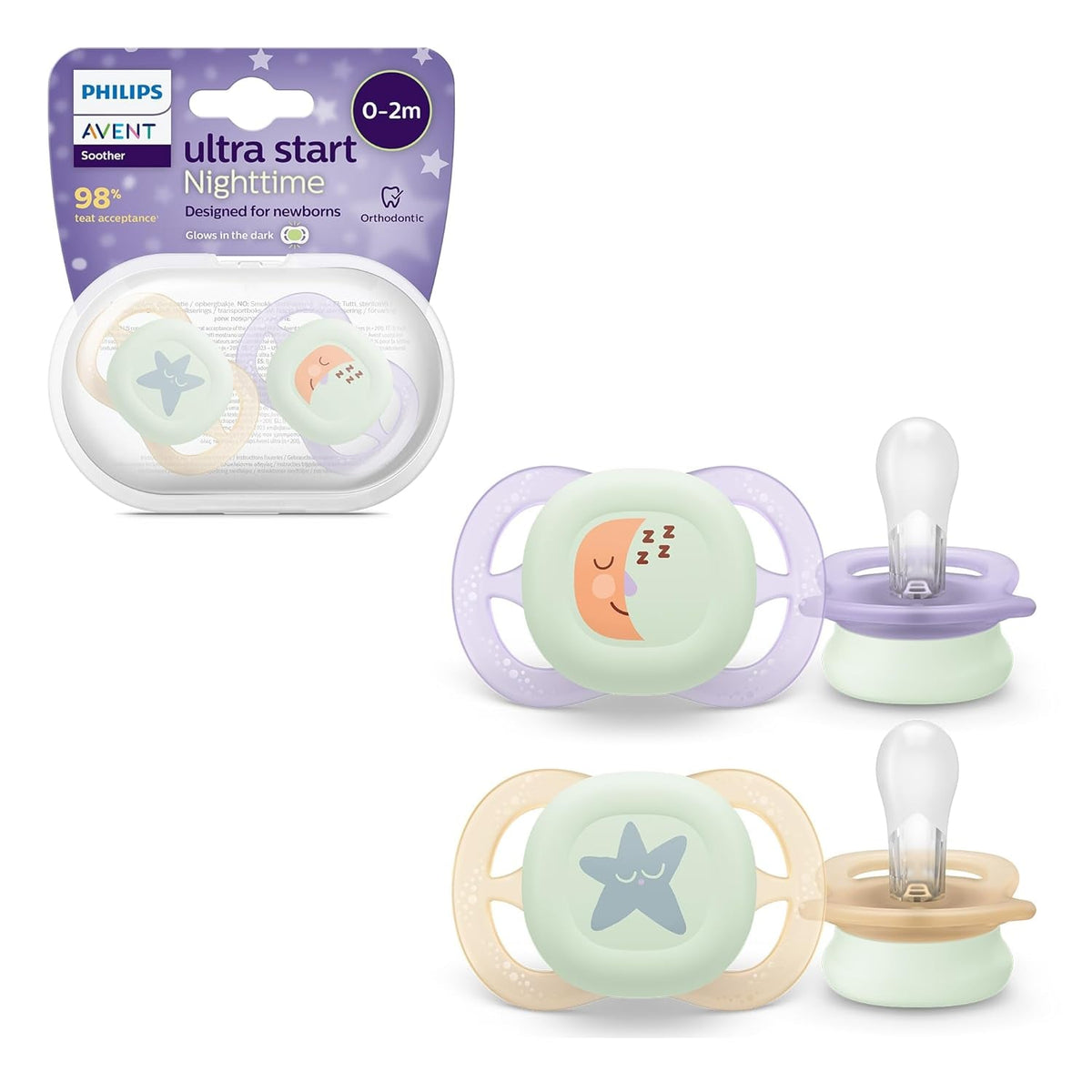 Suzetă de noapte Philips AVENT Ultra Start, suzetă ortodontică pentru nou-născuți, strălucește în întuneric, fără BPA, cu recipient de sterilizare, pachet dublu, Lună, Stea, SCF075/07