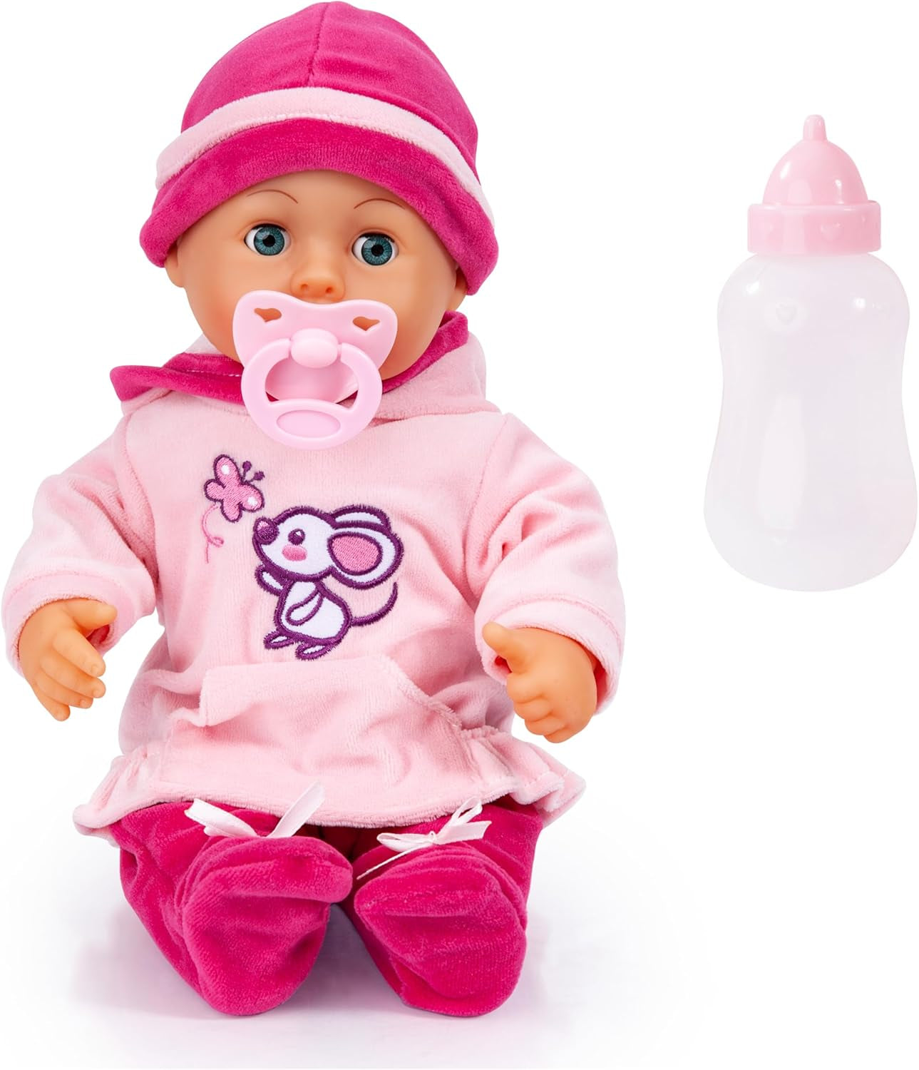 Bayer Design 93800-pink 93825AA Babypuppe First Words, Schlafaugen, spricht 24 Babylaute, weicher Körper, mit Schnuller und Flasche, 38 cm, pink