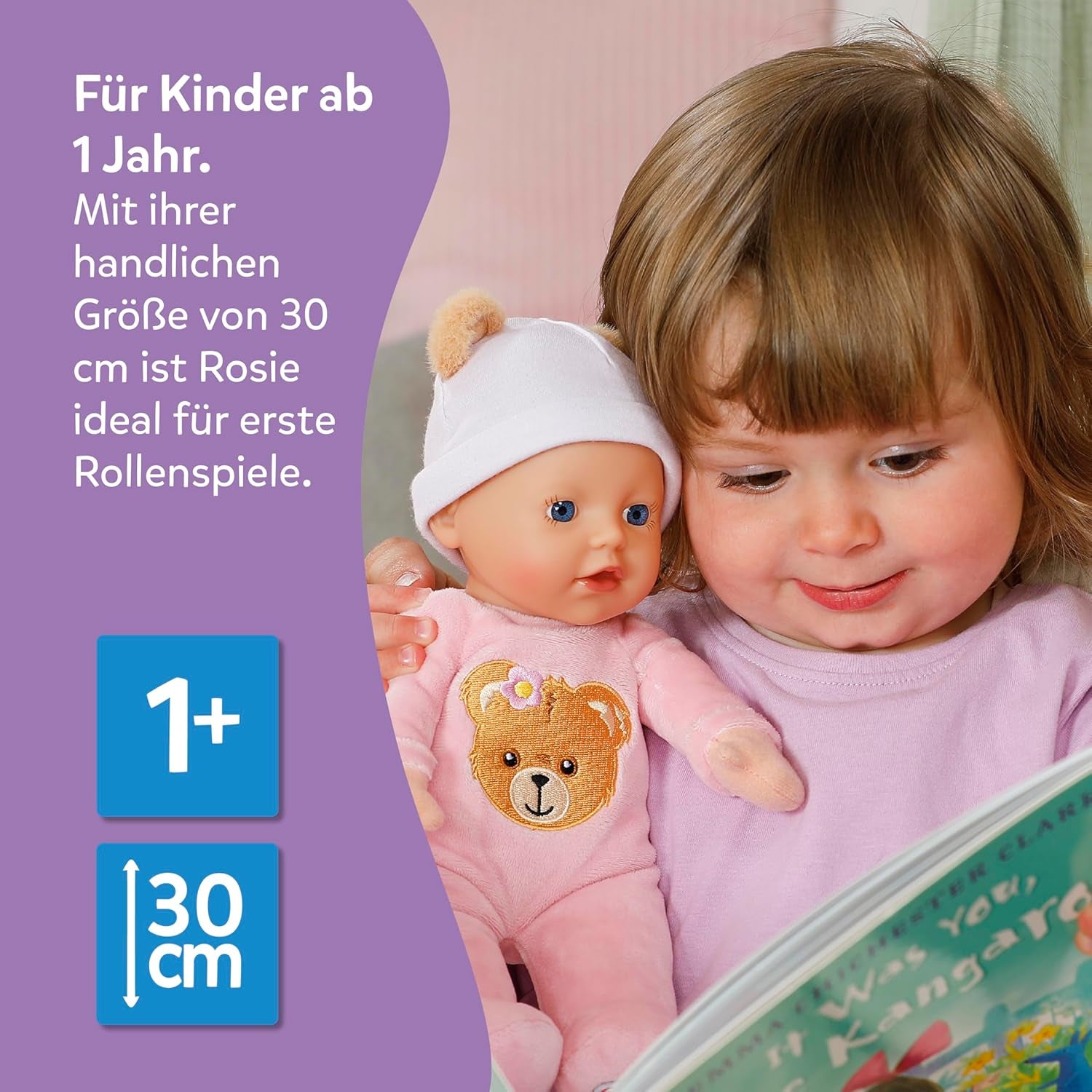 Păpușă moale Baby Born Rosie 30 cm cu 6 sunete și biberon, roz