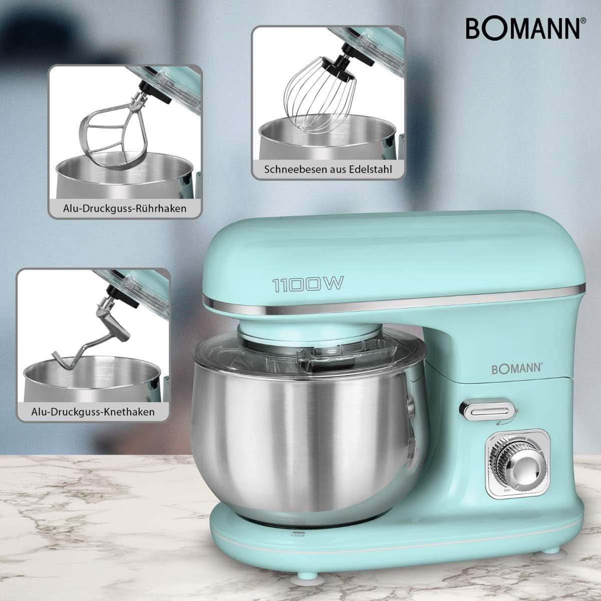 Bomann® Retro Küchenmaschine Zum Backen | Knetmaschine 5L | Stärkerer 1100-W-Motor | Teigmaschine inkl. Haken & Schneebesen | Retro Teigknetmaschine Spritzschutz Mit Nachfüllöffnung – KM 6030 CB Mint-Grün Mutter und Kind Naty Shop