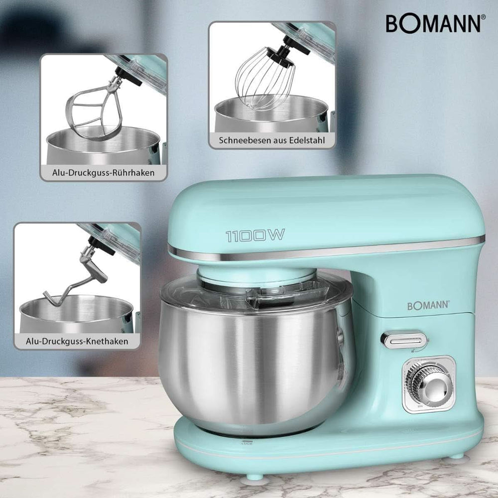 Bomann® Retro Küchenmaschine Zum Backen | Knetmaschine 5L | Stärkerer 1100-W-Motor | Teigmaschine inkl. Haken & Schneebesen | Retro Teigknetmaschine Spritzschutz Mit Nachfüllöffnung – KM 6030 CB Mint-Grün Mutter und Kind Naty Shop