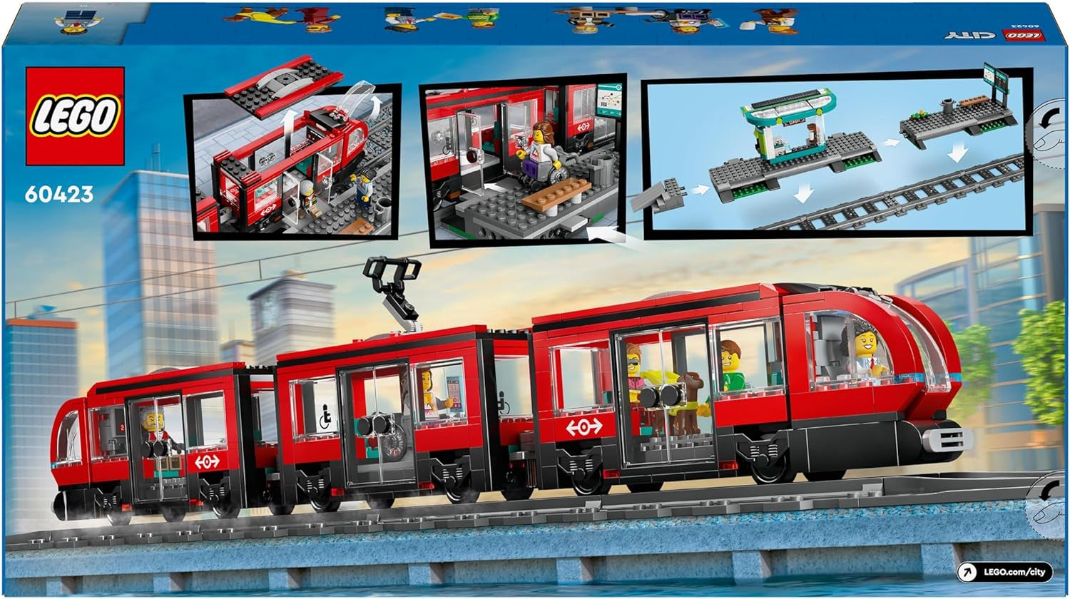 LEGO City Straßenbahn mit Bahnhof, Geschenkidee für Fahrzeugspielzeugfans ab 7 Jahren, mit 6 Minifiguren und einem Blindenhund zum Rollenspiel, Bauspielzeug 60423 Bausets Besuchen Sie den LEGO-Store