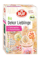 RUF Organic Dekor Lieblinge, 4 Sorten bunte Backdekorationen mit Streuseln, Zuckerperlen und Zuckerherzen, ohne künstliche Farbstoffe, vegan, 140 Gramm Naty Shop