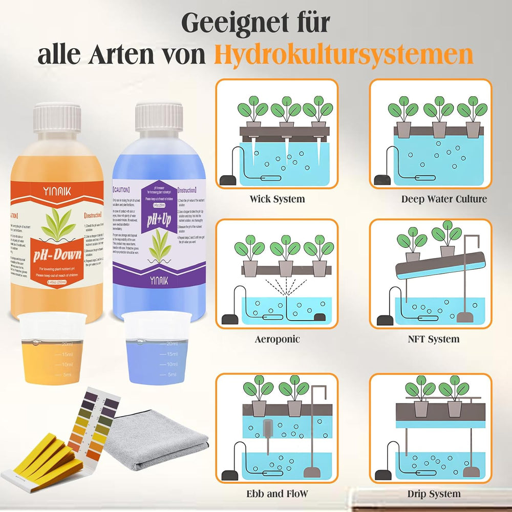 pH-Regulator für Hydrokultur, pH-Up- und pH-Down-Flüssigkeit, pH-Regulatorflüssigkeit zur Senkung oder Erhöhung des pH-Wertes, Premium-Puffer 250 ml, geeignet für alle Hydrokultursysteme (Erde und Wasser)