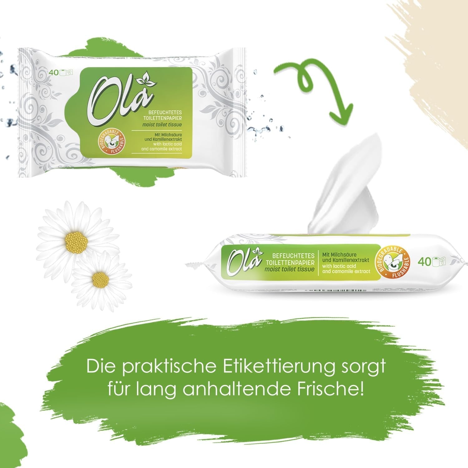 OLA hârtie igienică umedă - (1X40 bucăți) Șervețele umede - extract de mușețel și acid lactic, spălabile, piele sensibilă - 40 bucăți