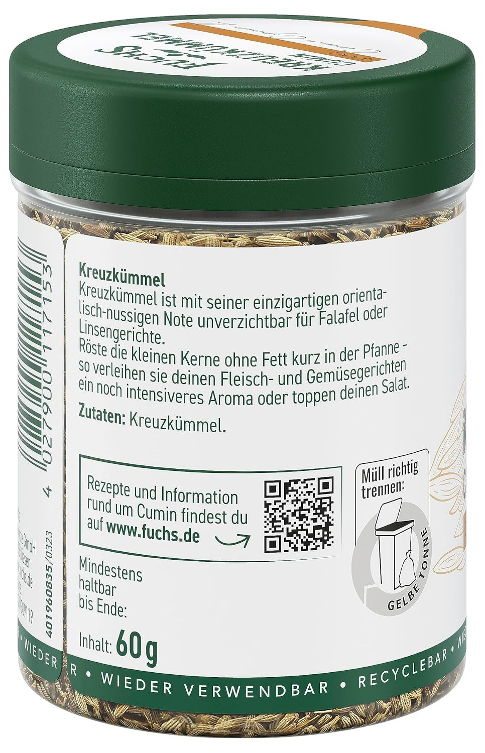 Fuchs Gewürze - Kreuzkümmel ganz - orientalisch-nussige Note für Falafel und Linsengerichte - natürliche Zutaten - 60 g in wiederverwendbarer, recyclebarer Dose