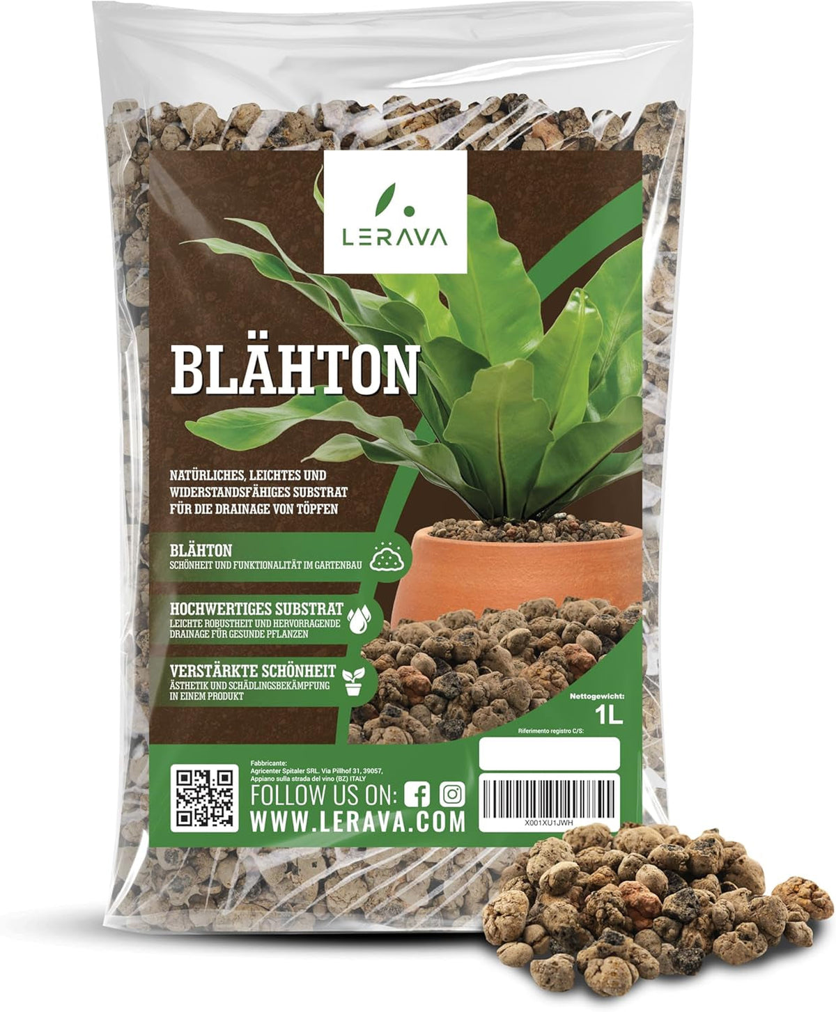 Argilă expandată LERAVA® (1L) – Granule de argilă pentru plante de apartament și hidroponie – Argilă vegetală cu pH neutru pentru drenaj optim – Ideală ca strat de drenaj sau granule de argilă decorative pentru plante