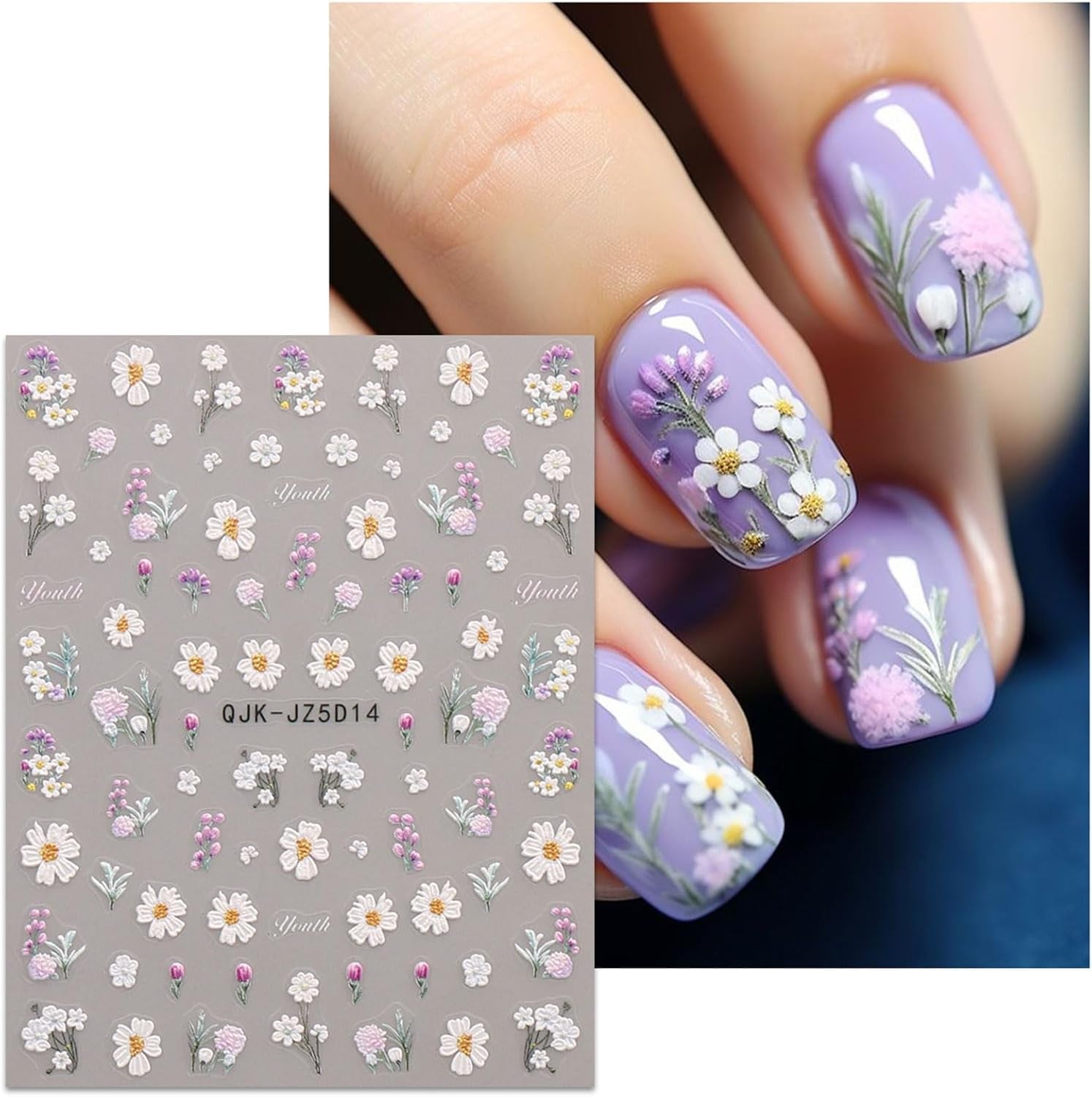 JMEOWIO 3D Nagelsticker Blumen Nail Art Sticker Selbstklebend Nagelaufkleber 5D Stereoskopisch Sommer Frühling Blumen Dekoration Nageldesign Zubehör 4 Blatt