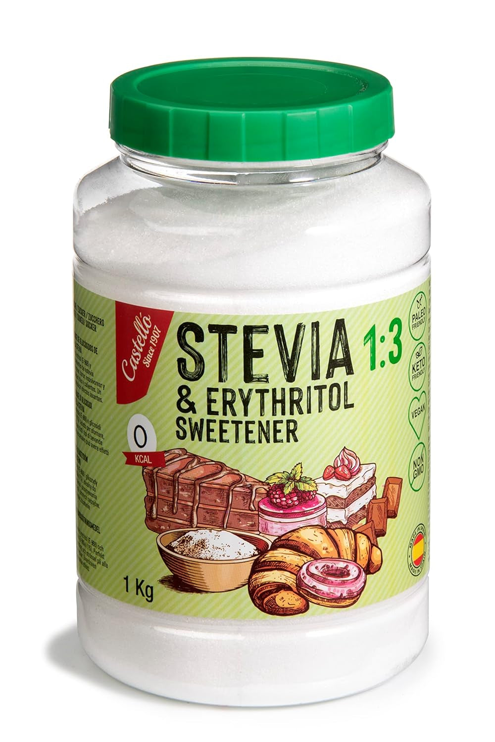 Stevia + Erythritol 1:3 Süßstoff | 1G = 3G Zucker | 100 % natürlicher Zuckerersatz – 0 Kalorien – 0 glykämischer Index – Keto und Paleo – 0 Netto-Kohlenhydrate – kein GVO – Castello seit 1907 – 1 kg Süßstoffe Naty Shop Standardtitel