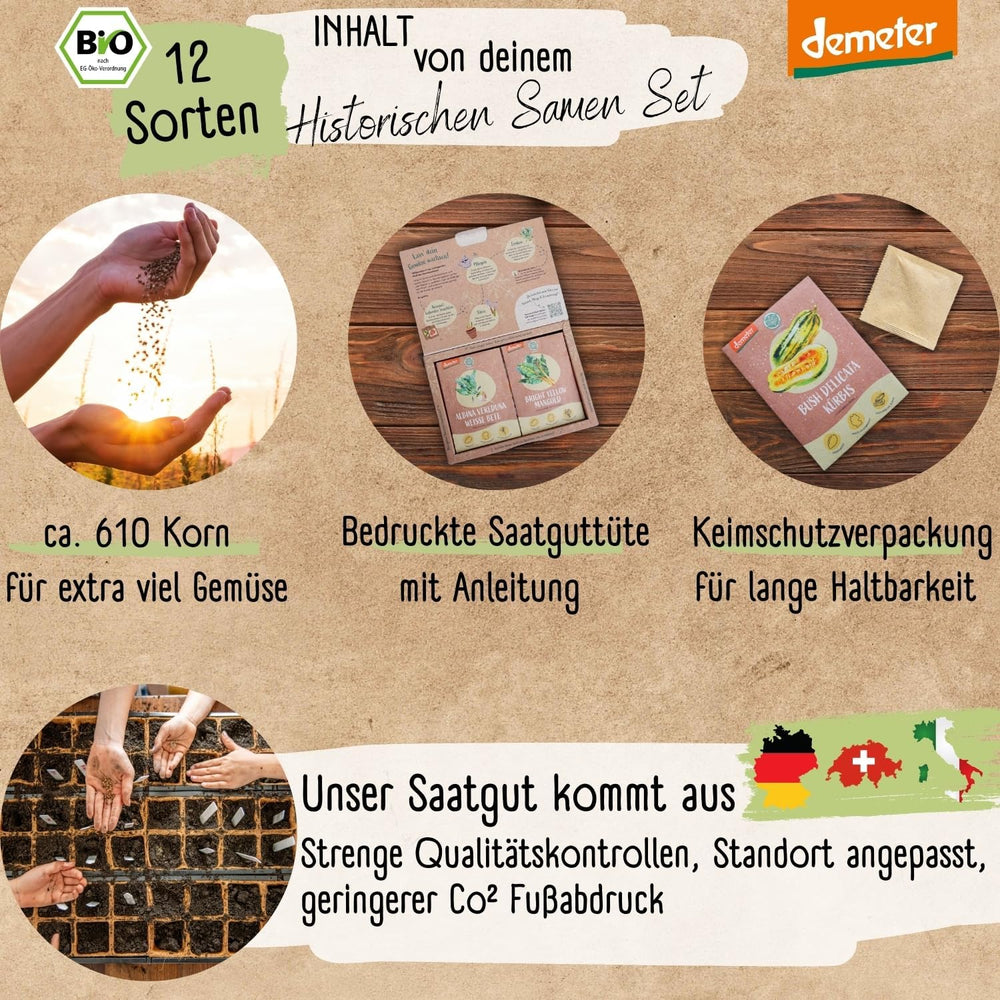 Bio-Gemüsesamen-Set – 12 Sorten Demeter-Gemüsesamen | Seltene und familiäre Gemüsesamen, alle frei bestäubt | Familiengemüsesorten für Balkone, Hochbeete, Gärten und Geschenke | Liebespflanzen