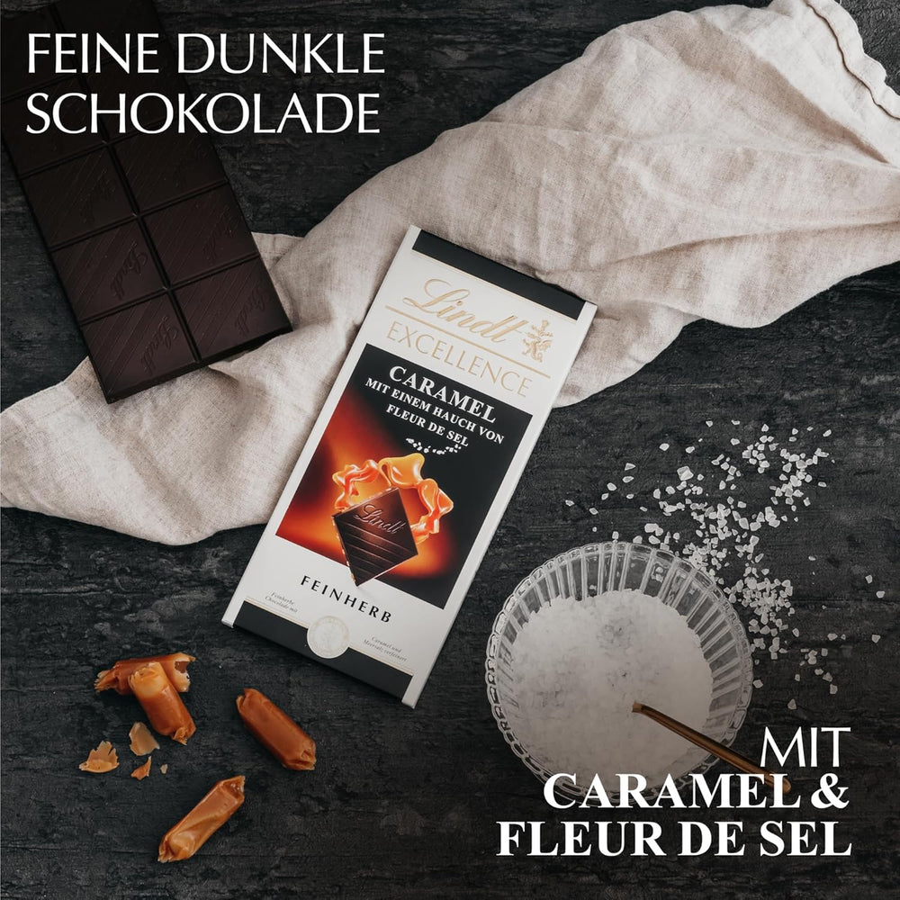 Lindt EXCELLENCE Karamell und Meersalz – Dunkle Schokolade | Riegel 100g | Mit Karamell und Meersalz (Fleur de Sel) | Intensiver Kakaogeschmack | Dunkle Schokolade