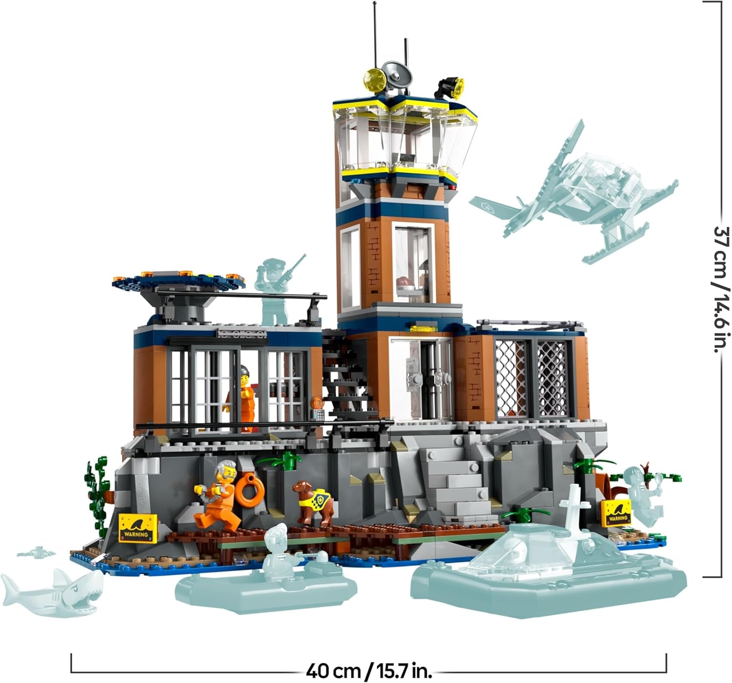 LEGO City Polizeistation auf der Gefängnisinsel, Polizeispielzeug mit Hubschrauber, Stiefel und Hai, Set mit 7 Minifiguren und Hund, Geburtstagsgeschenk für Jungen und Mädchen ab 7 Jahren 60419