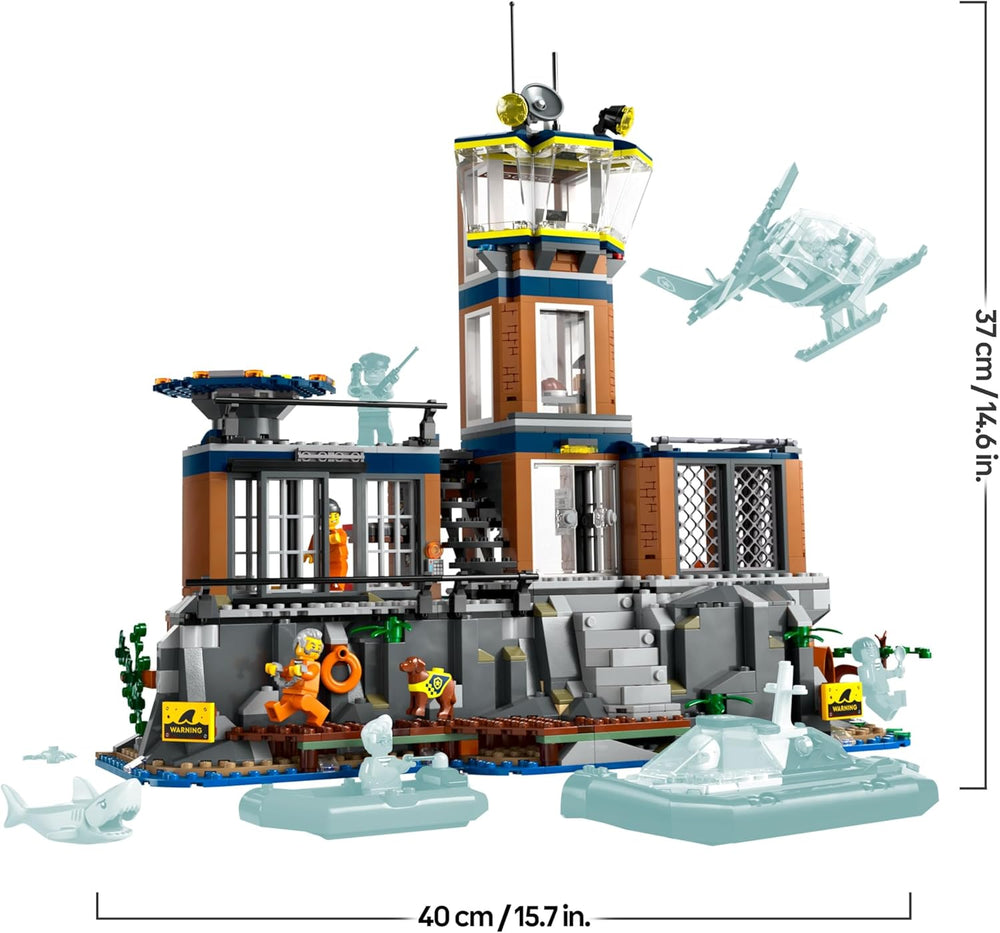 LEGO City Polizeistation auf der Gefängnisinsel, Polizeispielzeug mit Hubschrauber, Stiefel und Hai, Set mit 7 Minifiguren und Hund, Geburtstagsgeschenk für Jungen und Mädchen ab 7 Jahren 60419