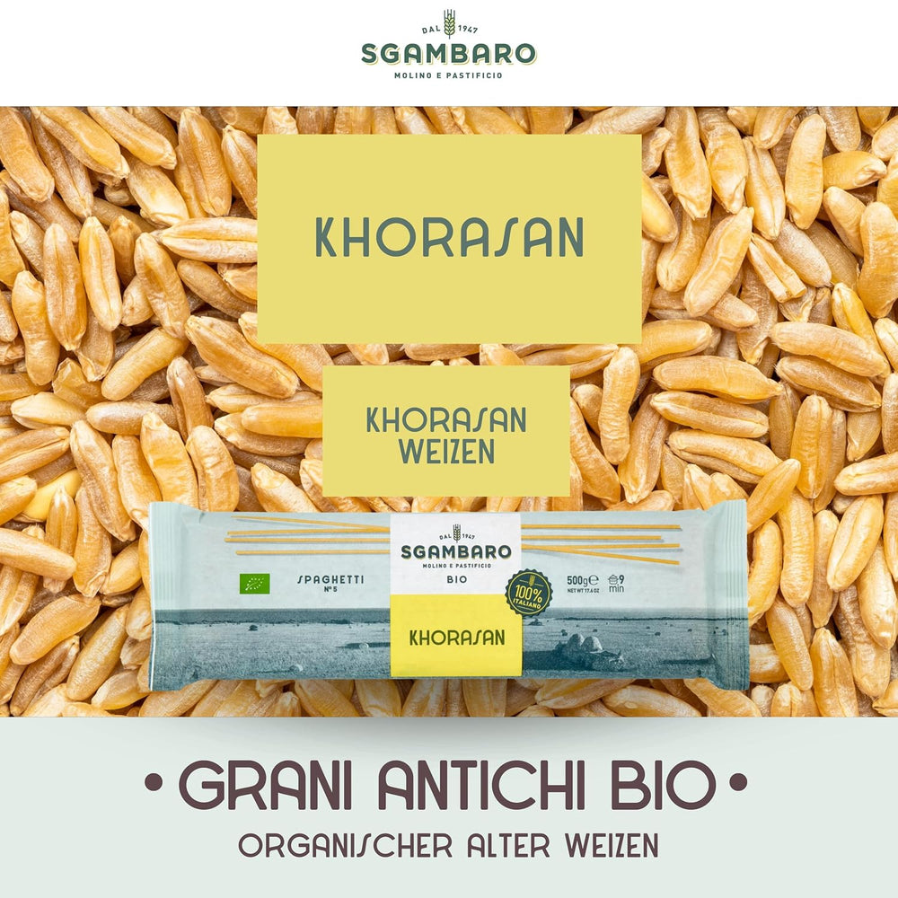 Bio-Spaghetti-Nudeln Nr. 5 - 500 g Khorasan-Weizen – uralter Weizen, reich an Proteinen, 100 % in Italien angebaut – vielseitig in der Küche und reich an Nährstoffen