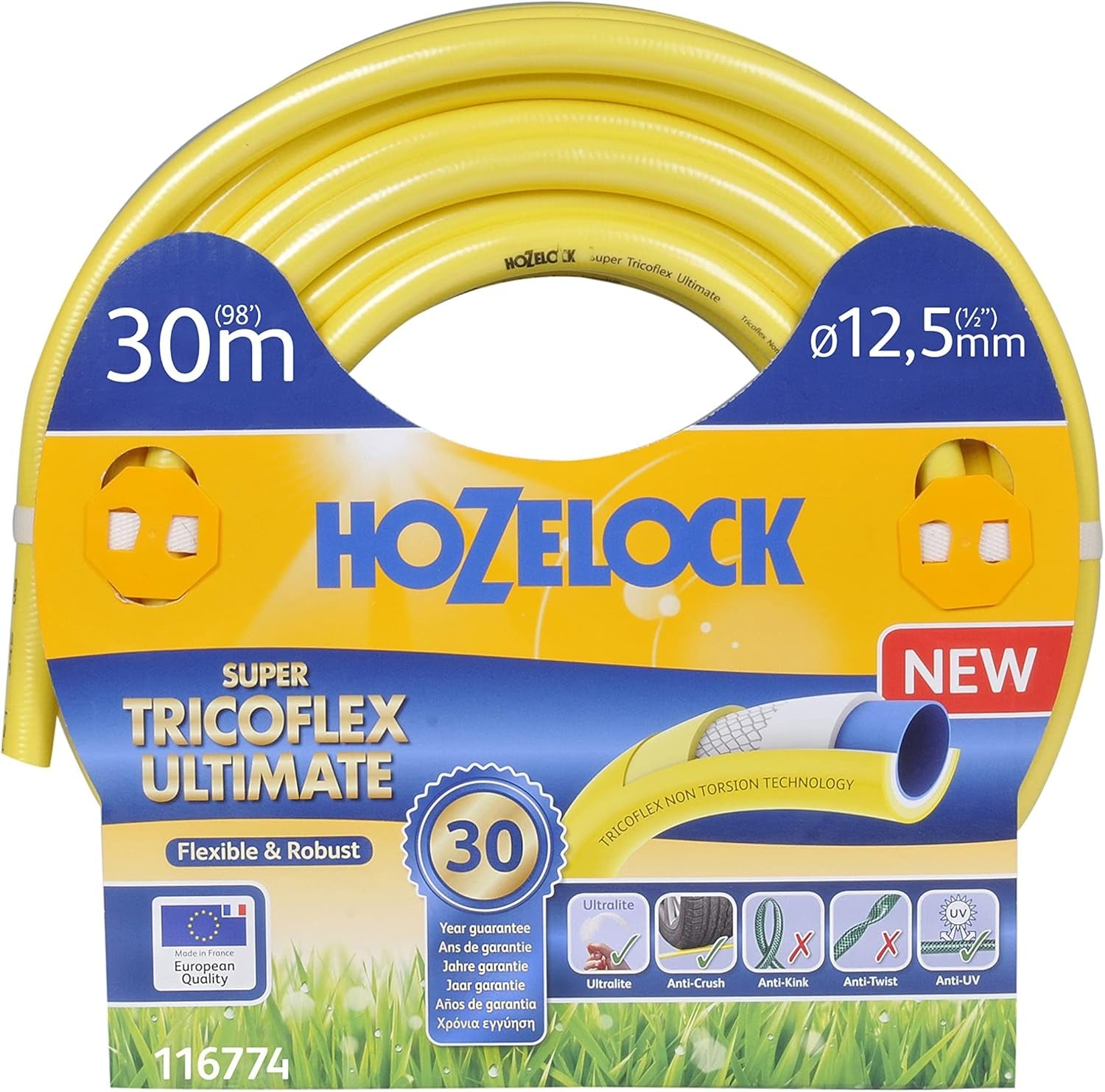 HOZELOCK - Furtun Super Tricoflex Ultimate Ø 12,5 mm (1/2") 30 m: furtun de grădină ușor, robust și stabil dimensional, cu tehnologii „TNT Non Torsion” și „Soft&Flex”, 40% PVC reciclat [116774]