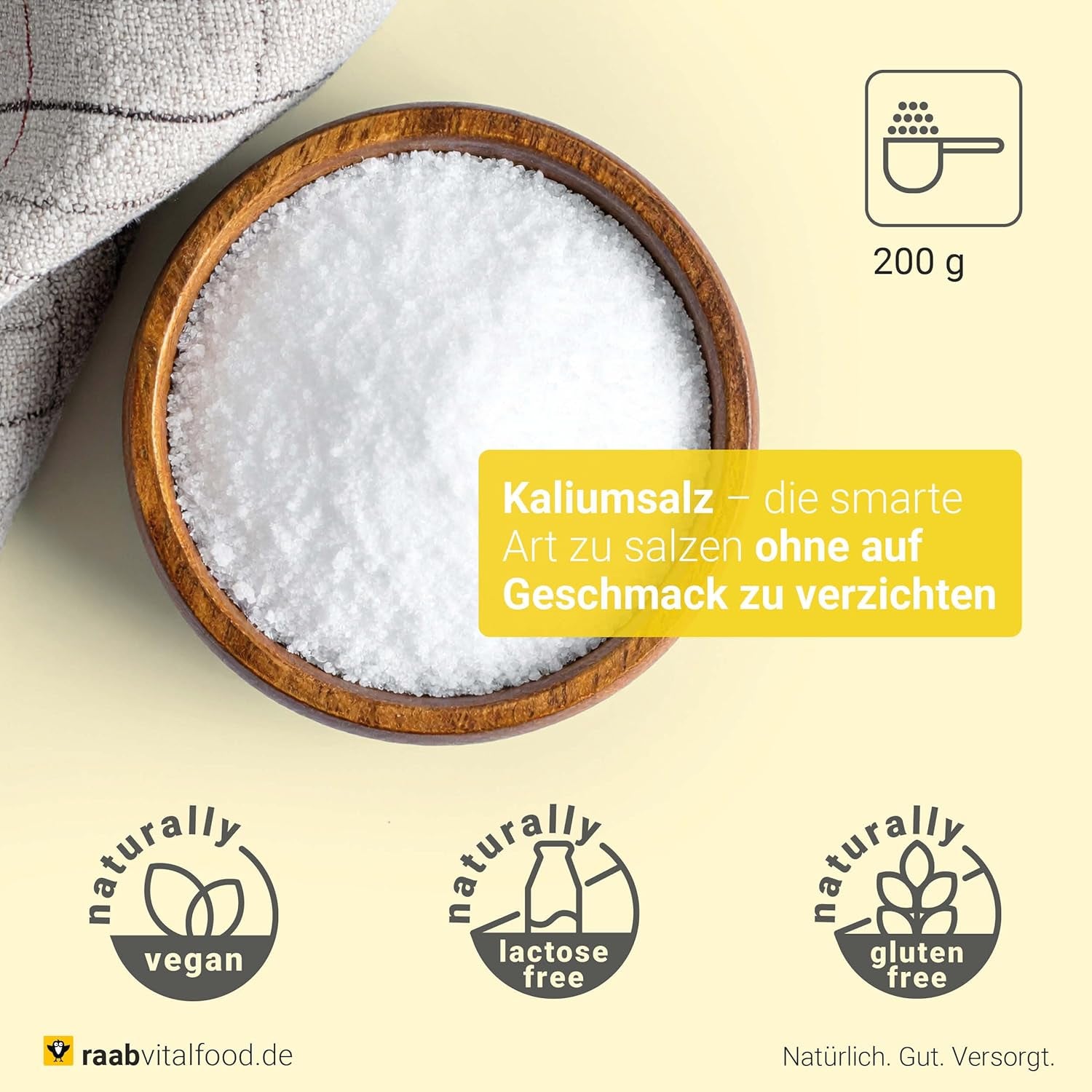 Raab Vitalfood Kalium salt-Mischung, Mineralsalzmischung mit 66,7 % Natriumchlorid (Kochsalz) und 33 % Kaliumchlorid, Kalium trägt zur A Stärkung eines normalen Blutdrucks bei (1 x 200 g Dose)