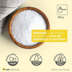 Raab Vitalfood Kalium salt-Mischung, Mineralsalzmischung mit 66,7 % Natriumchlorid (Kochsalz) und 33 % Kaliumchlorid, Kalium trägt zur A Stärkung eines normalen Blutdrucks bei (1 x 200 g Dose)