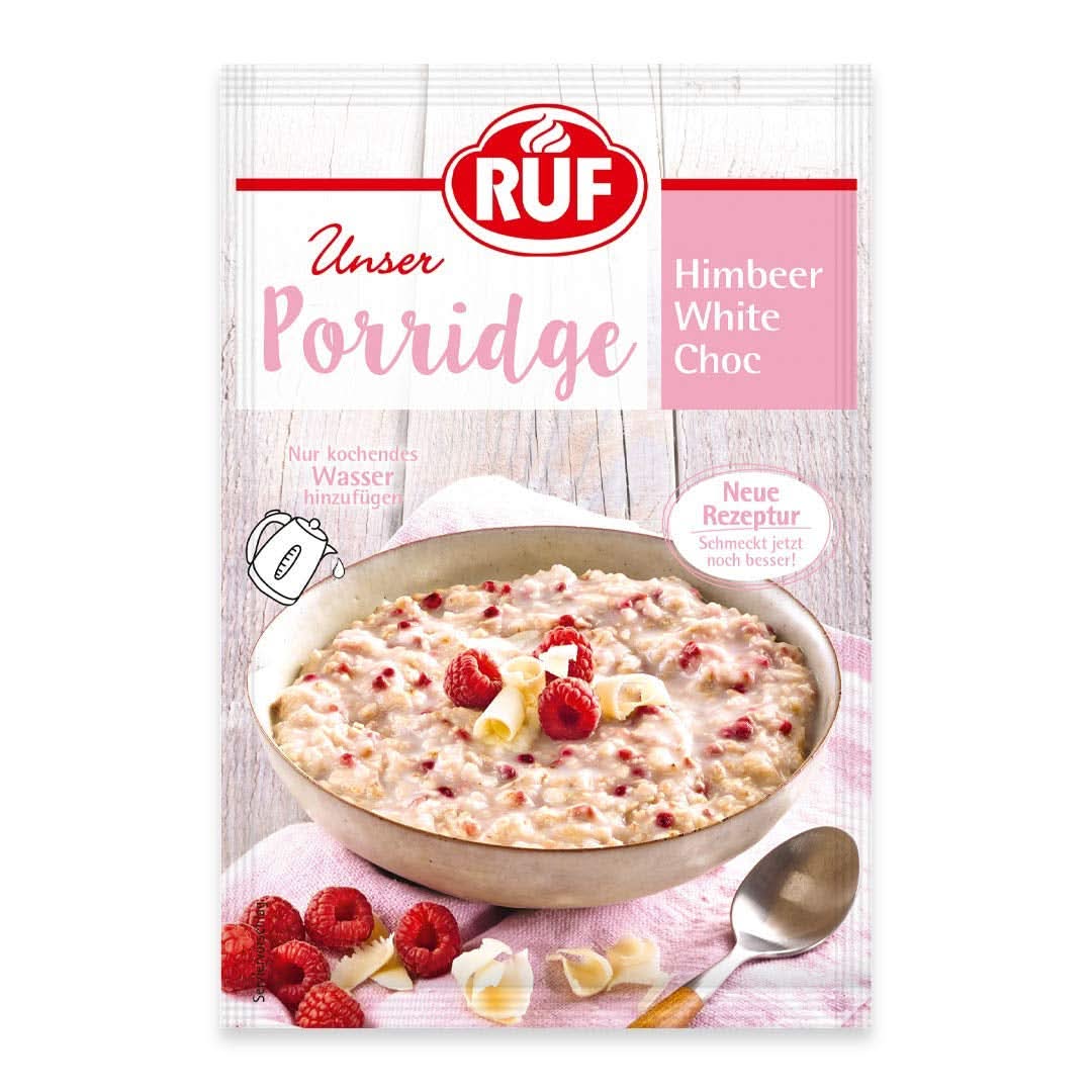 RUF Porridge Raspberry White Choc, Instant-Porridge mit Himbeerstücken und geriebener weißer Schokolade, 65 Gramm Cerealien Naty Shop