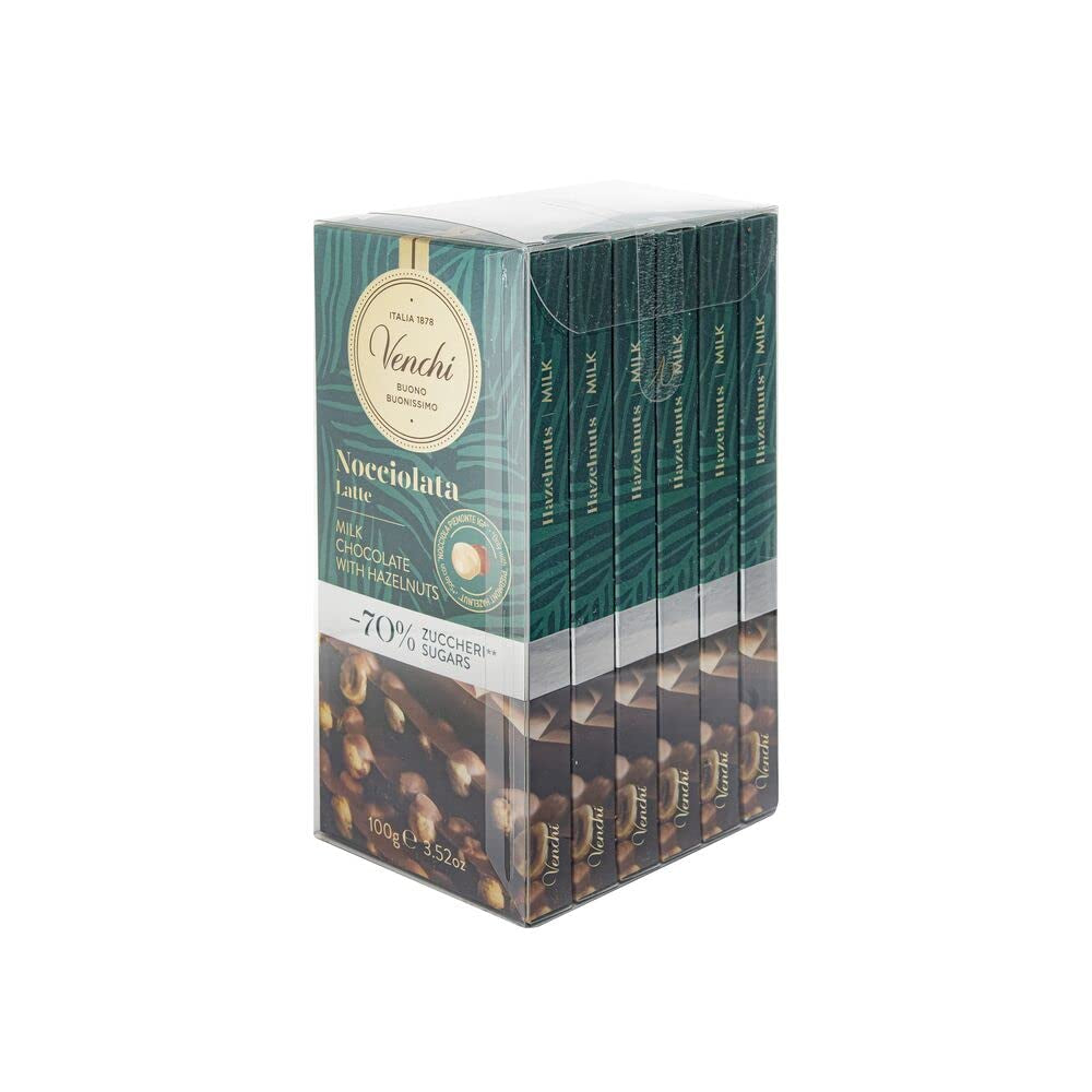 Venchi – Packung mit 6 Tafeln dunkler Schokolade mit Haselnüssen, 600 g – Ohne Zuckerzusatz – Ohne künstliche Süßstoffe – Glutenfrei – Vegan – Geschenkidee