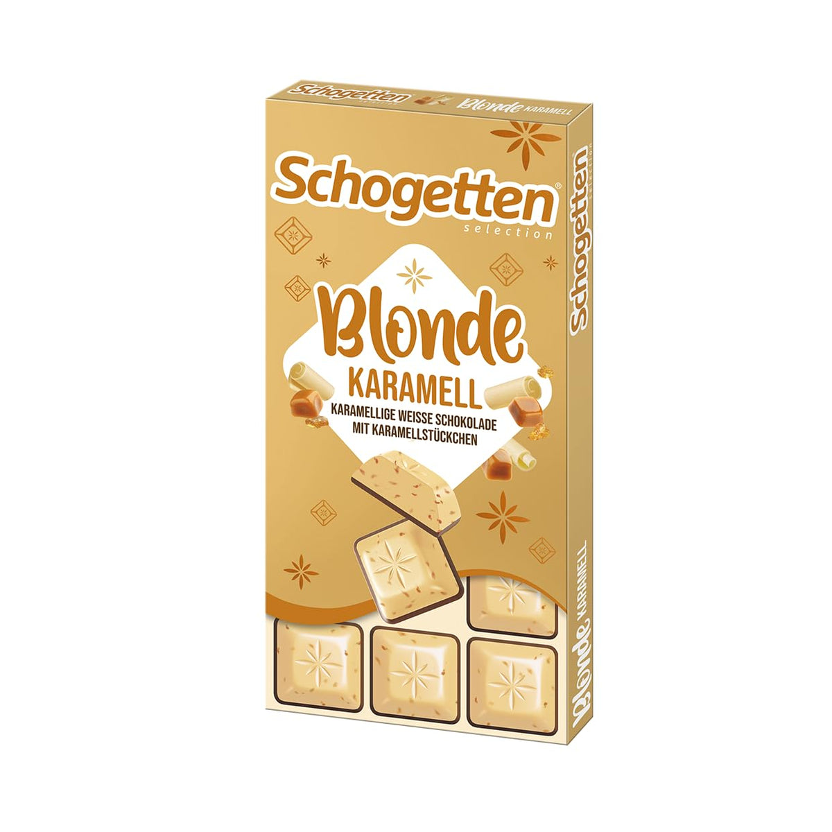 Schogetten Blondes Karamell | Karamell mit weißer Schokolade und Karamellstückchen | Schokoriegel 100g | Praktisch portioniert