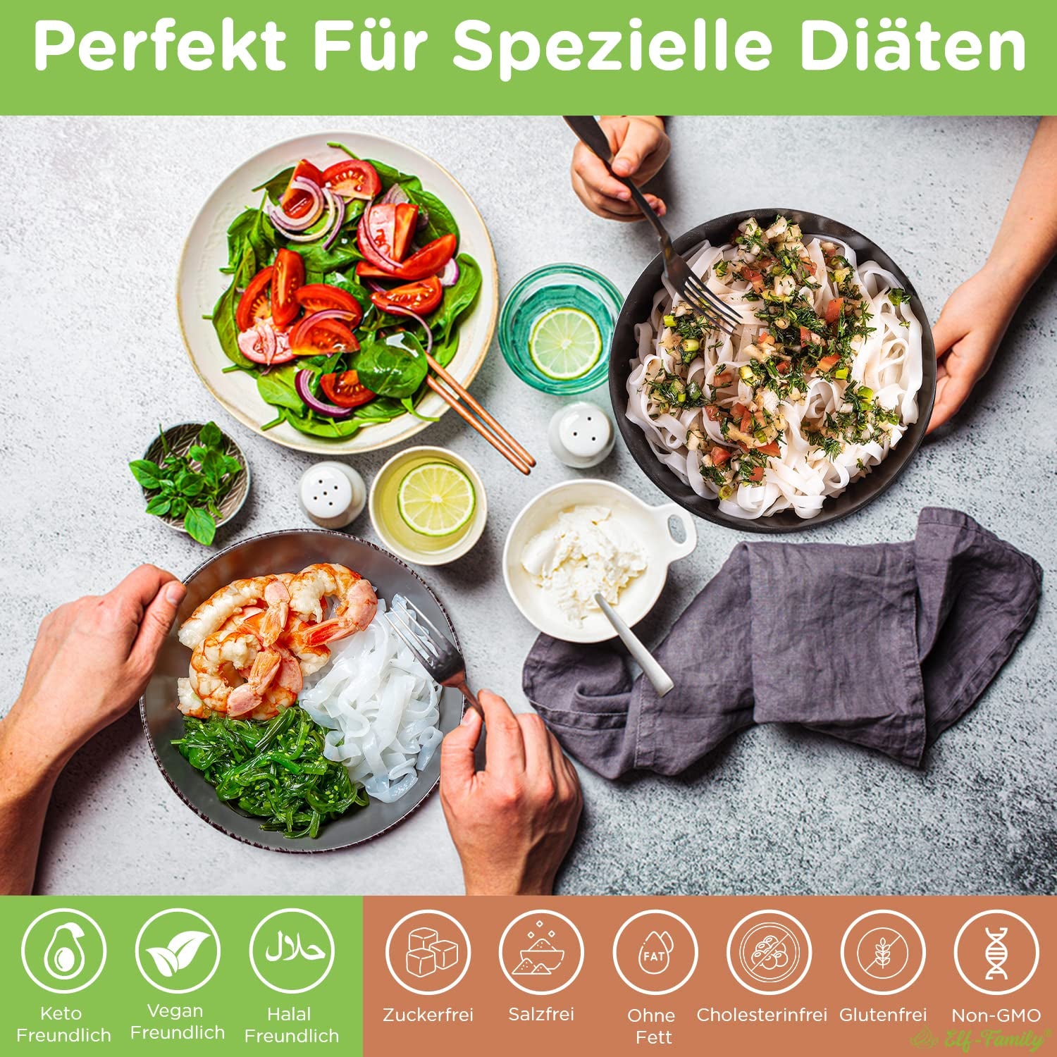 Elf-Family 6 Boxen (12 Stück) Bio-Konjak-Shirataki-Nudeln mit extrem niedrigem Kohlenhydratgehalt, vegan, glutenfrei – 1,62 kg, ohne Kohlenhydrate/Keto/kalorienarm/fettfrei/zuckerfrei, Instant-Nudeln – Spaghetti und Fettuccine