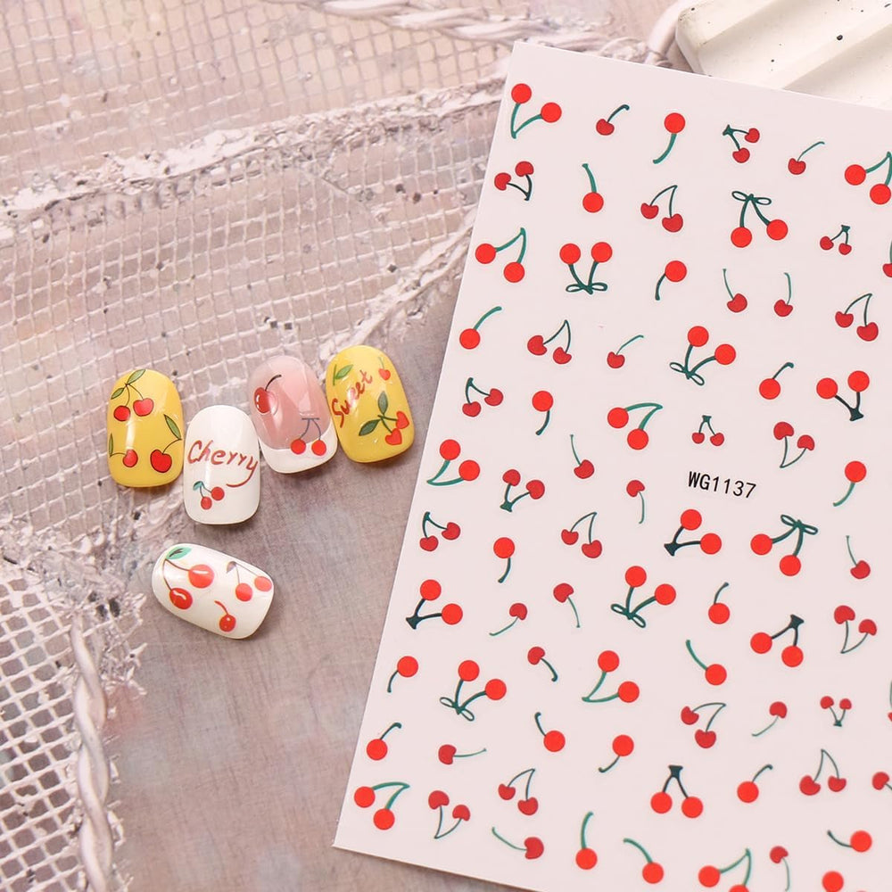 JMEOWIO Nagelsticker Kirschfrucht 6 Blatt Nail Art Sticker Selbstklebend Nagelaufkleber Dekoration Nageldesign Zubehör