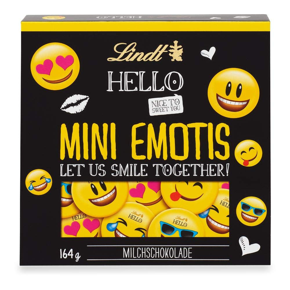 Schokoladensortiment (37 LINDOR Kugeln, 24 Hello Mini Sticks, 10 Mini Fioretto), Schokoladengeschenk (1 x 815 g) und HELLO Mini Emoti, Milchschokolade in 5 Emoticon-Designs, 164 g