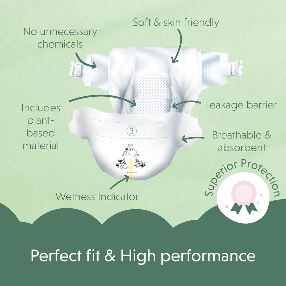 Mumin-Baby-Öko-Windeln, Größe 3, 5–8 kg, 48 Stück, hochwertige weiche Windeln | Weich und hautfreundlich, atmungsaktiv, saugfähig, keine unnötigen Chemikalien |