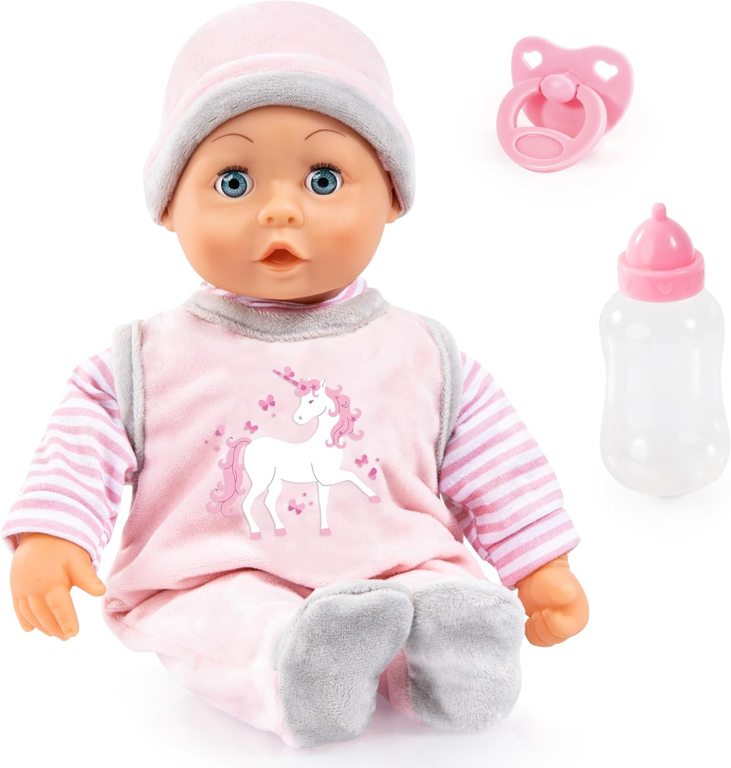 Bayer Design 93800-pink 93825AA Babypuppe First Words, Schlafaugen, spricht 24 Babylaute, weicher Körper, mit Schnuller und Flasche, 38 cm, pink