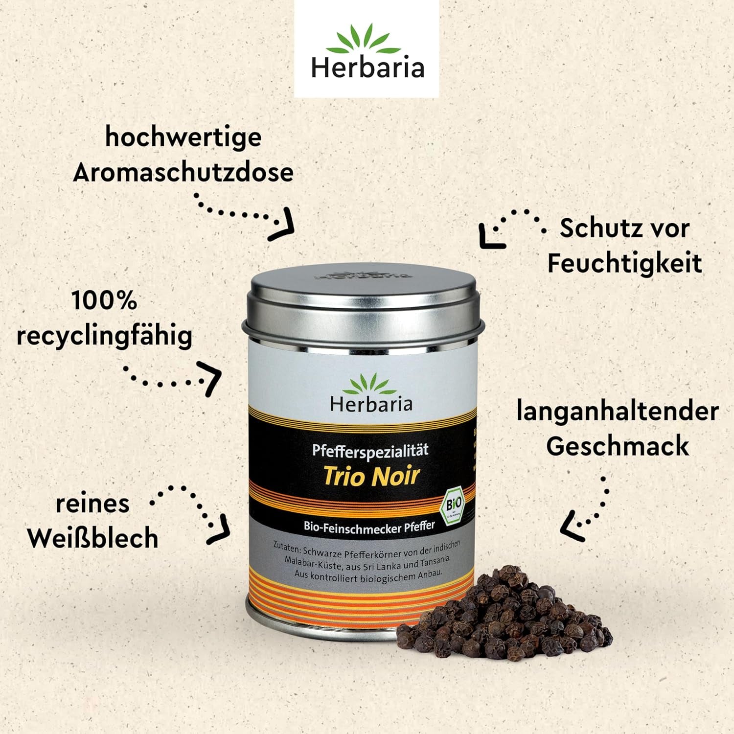 Herbaria Trio Noir bio 75g M-Dose – Bio Pfeffer schwarz ganz – ganze Pfefferbeeren – schwarze Pfeffermischung aus biologischem Anbau von drei verschiedenen Regionen – in nachhaltiger Aromaschutz-Dose