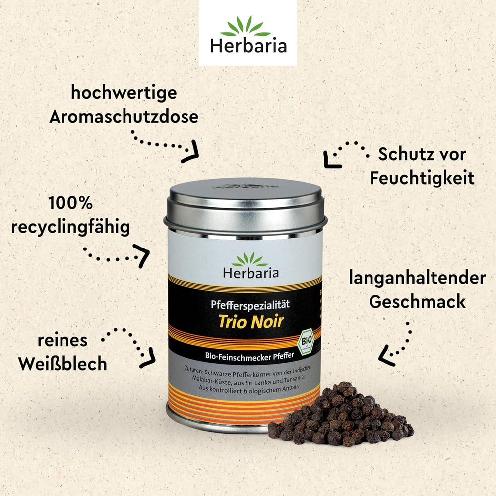 Herbaria Trio Noir bio 75g M-Dose – Bio Pfeffer schwarz ganz – ganze Pfefferbeeren – schwarze Pfeffermischung aus biologischem Anbau von drei verschiedenen Regionen – in nachhaltiger Aromaschutz-Dose