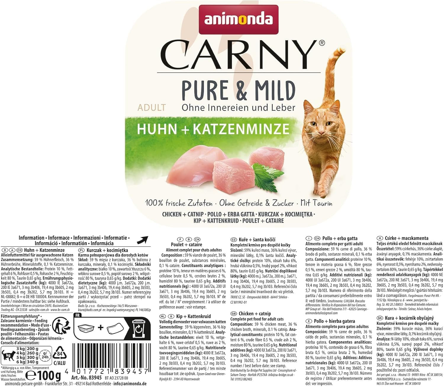 Hrană umedă pentru pisici Adult Pure & Mild cu pui și catnip (32 x 100 g), pentru pisici sensibile, fără cereale și fără zahăr, hrană umedă ușor digerabilă cu pui